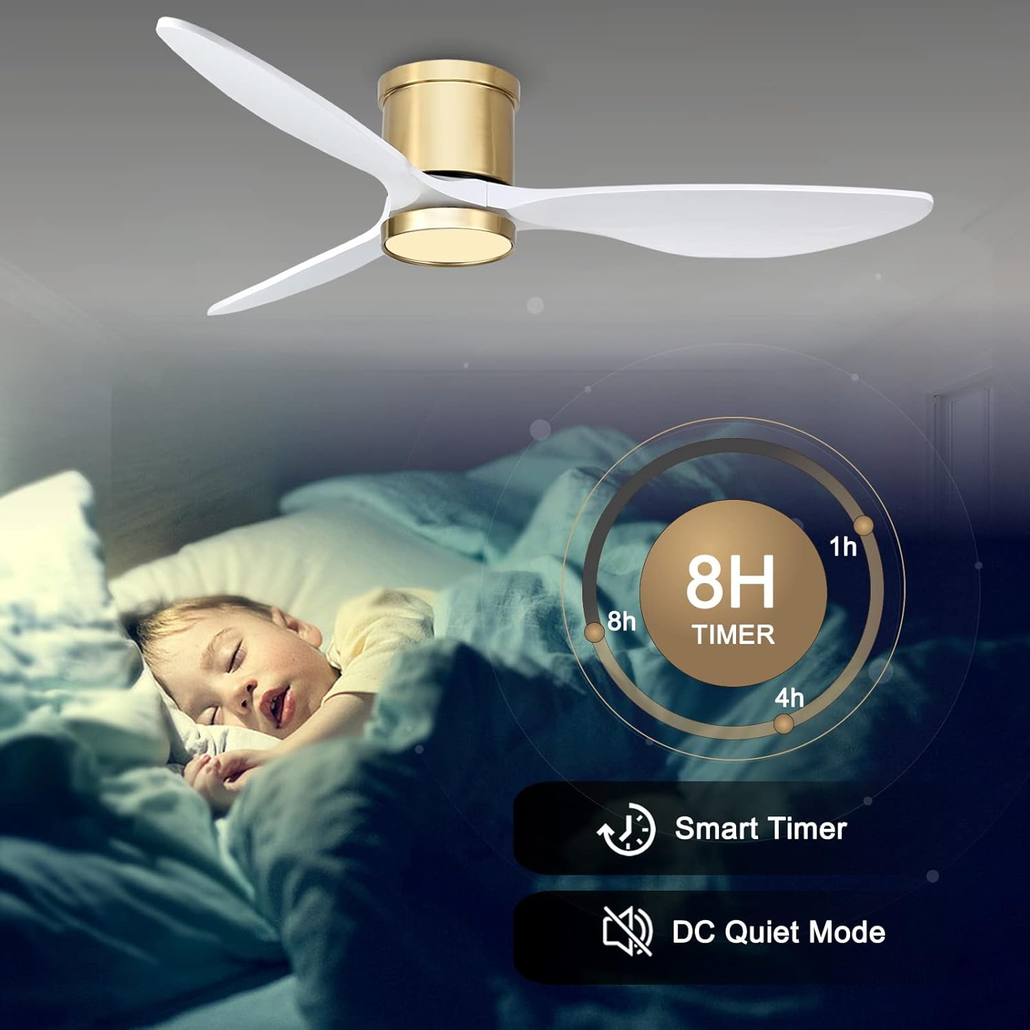 Ovlaim 132cm intérieur extérieur 3 pales hélice Smart ventilateur de plafond, Ventilateur de plafond en bois massif à moteur DC silencieux avect