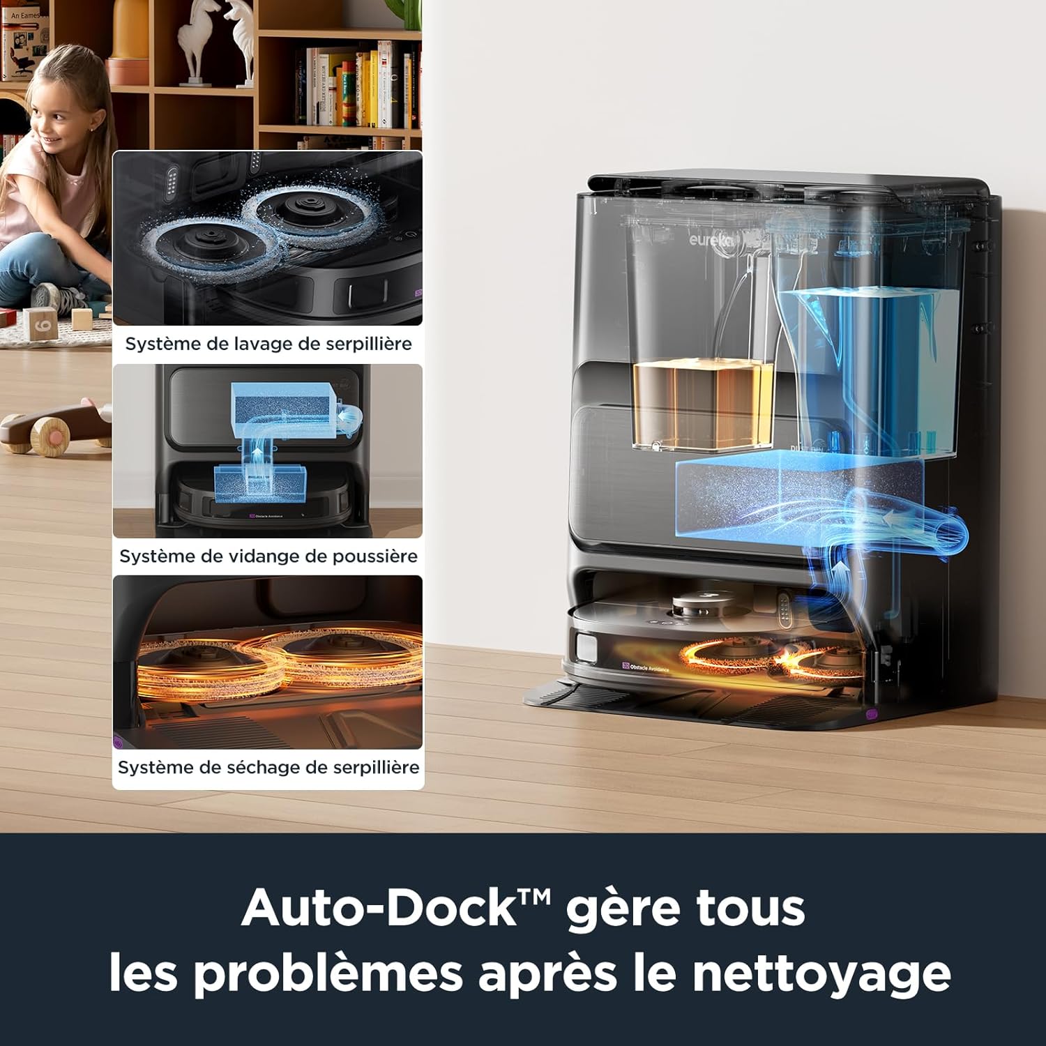 Eureka J12 Ultra Robot Aspirateur Laveur avec Station Automatique de Vidange Lavage Séchage, Aspirateur Robot de 5000Pa, Serpillière Rotative, Double LiDAR Navigation, Évitement d'Obstacle 3D IA