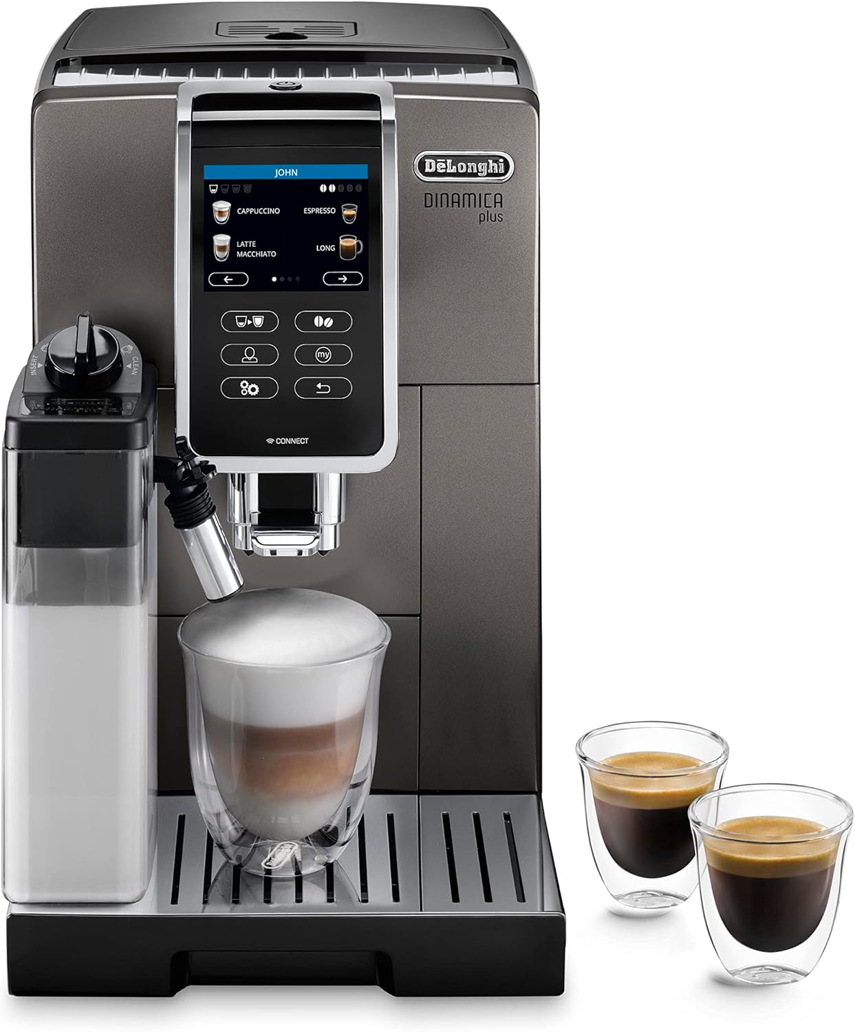 De'Longhi Dinamica Plus ECAM 370.70.B, Machine Expresso avec Broyeur, Système LatteCrema, Technologie Smart One Touch, Ecran Tactile Complet, Fonction My, 1.8l, Noir