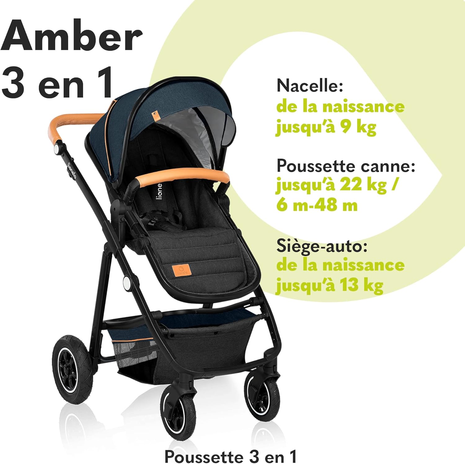 LIONELO Amber 3 in 1 poussette multifonctionnellle, landau, ensemble poussette avec siège sport et nacelle fixe, sac, moustiquaire, couvrir, feuille de pluie mit siege auto