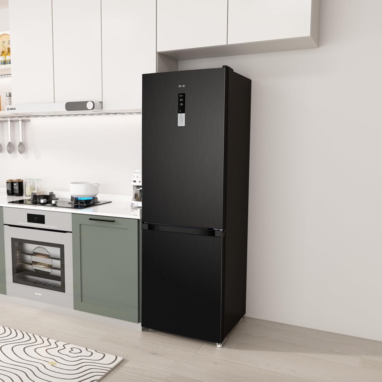 CHIQ Réfrigérateur autoportant 317L à Inverter, 322 l, sans givre, flux d'air multiple, congélation rapide, électronique tactile, compresseur avec garantie de 12 ans, efficacité améliorée, noir