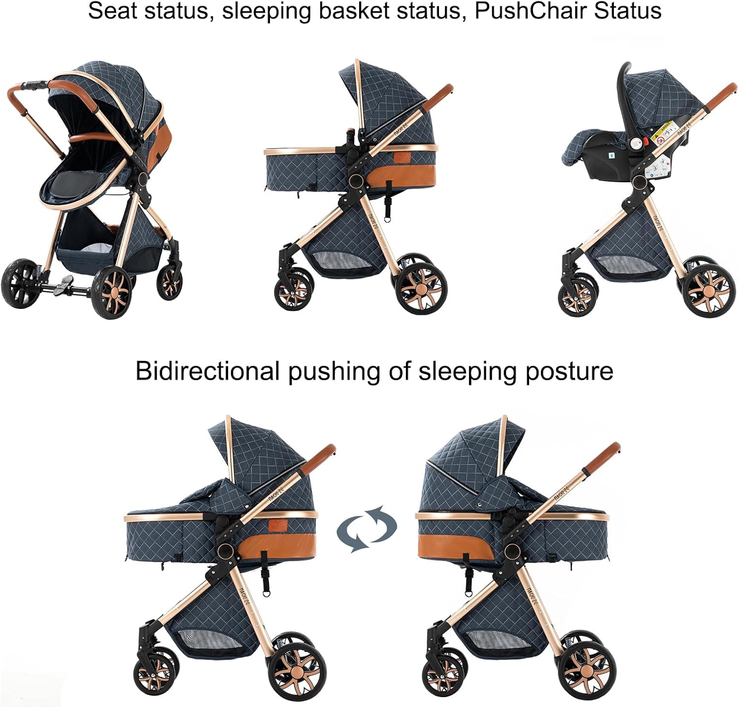 Magic ZC Poussette 3 en 1, Poussette Bebe avec Conception Portable Pliable en Un Clic, Pousette 3 en 1 avec Poussée Réversible Bidirectionnelle, Poussette Trio avec Accessoires (black gold 588)