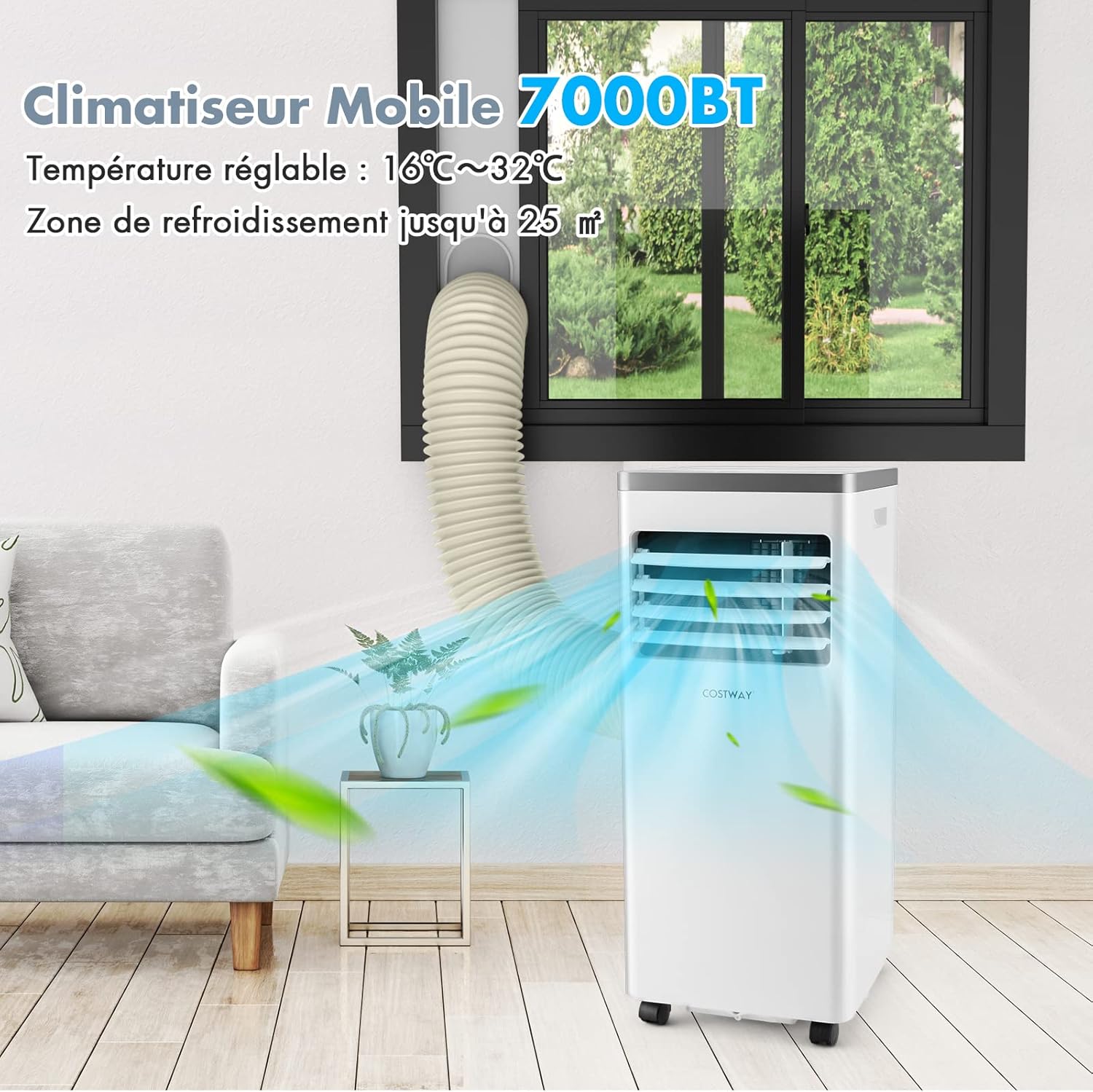 RELAX4LIFE Climatiseur Mobile Silencieux 9000BTU, Climatiseur Portable 4 en 1, Refroidisseur d'Air, Ventilateur, Déshumidificateur, Mode Nuit, 15-20㎡, Télécommande, Minuterie 24H, Classe Energie A