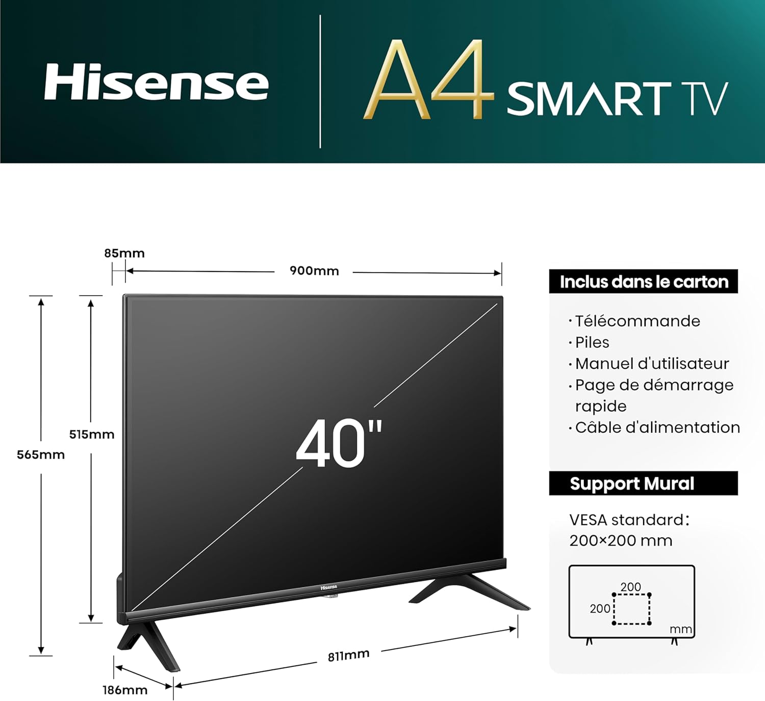 Hisense Smart TV 43 Pouces 43A6N 4K UHD, Dolby Vision, HDR, VIDAA avec Youtube, Netflix, Disney+, Canal +