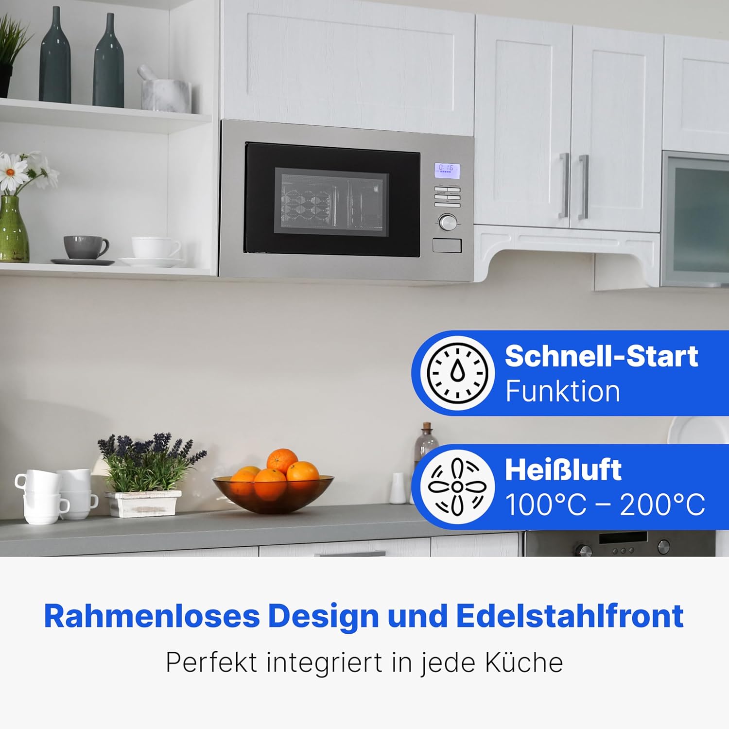 Bomann MWG3001HEB Micro-ondes encastrable 3 en 1 avec grill et air chaud, écran LCD, 8 programmes automatiques, fonction minuterie, espace de cuisson 25 l, intérieur en acier inoxydable, argenté