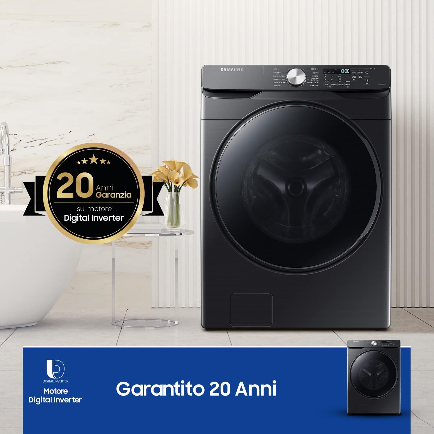 Samsung Grande capacité Machine à laver WF18T8000GV/ET Installation libre, 18 kg, 1100 tr/min, classe C, Wifi, Vapeur, Charge avant, 69 l x 98 h x 80p cm
