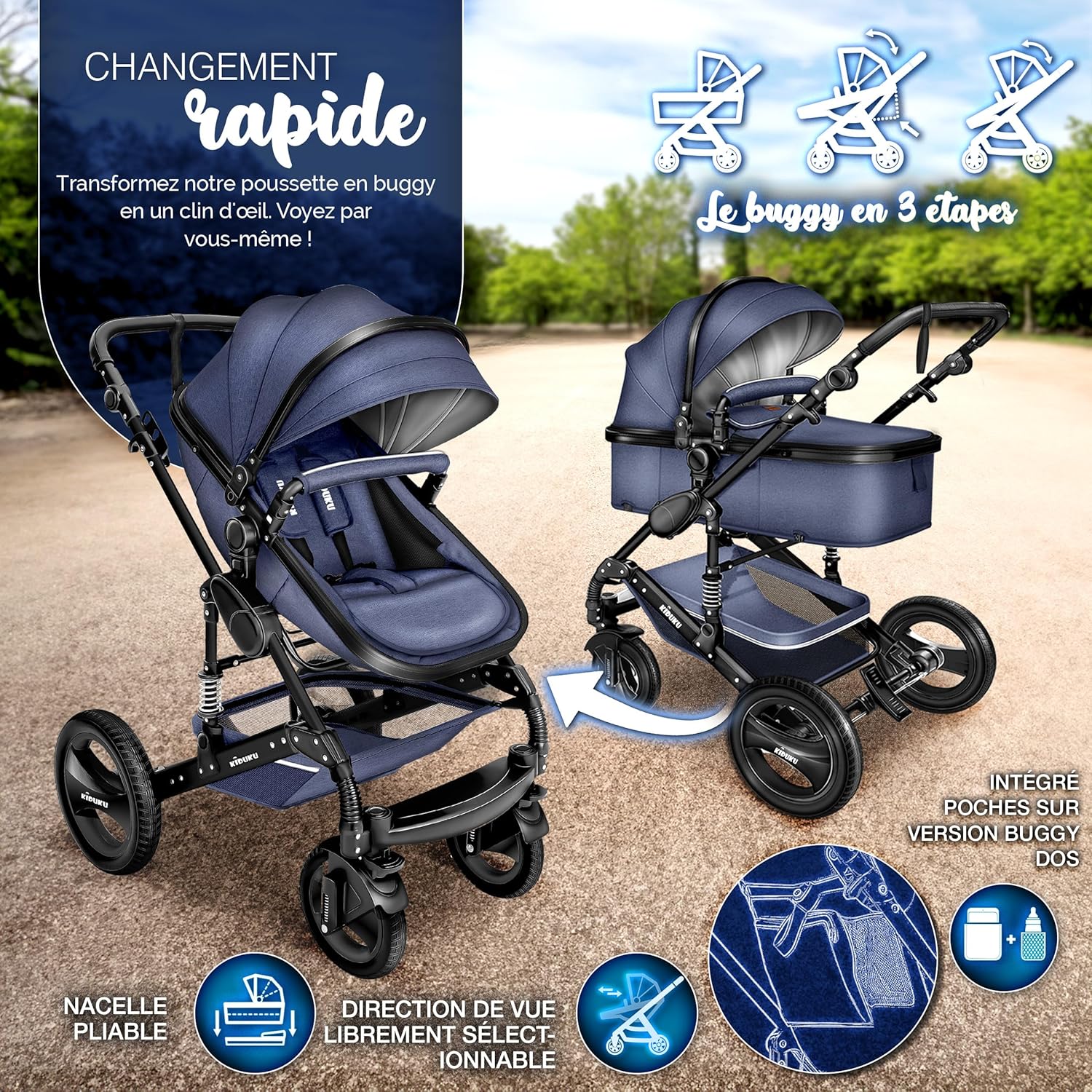 KIDUKU® Poussette Combinée 3 en 1 | Trio pour Enfants | Siége Auto Légère, Piable | Nacelle Souple Convertible | Set de Voyage (Noir/Champagne)