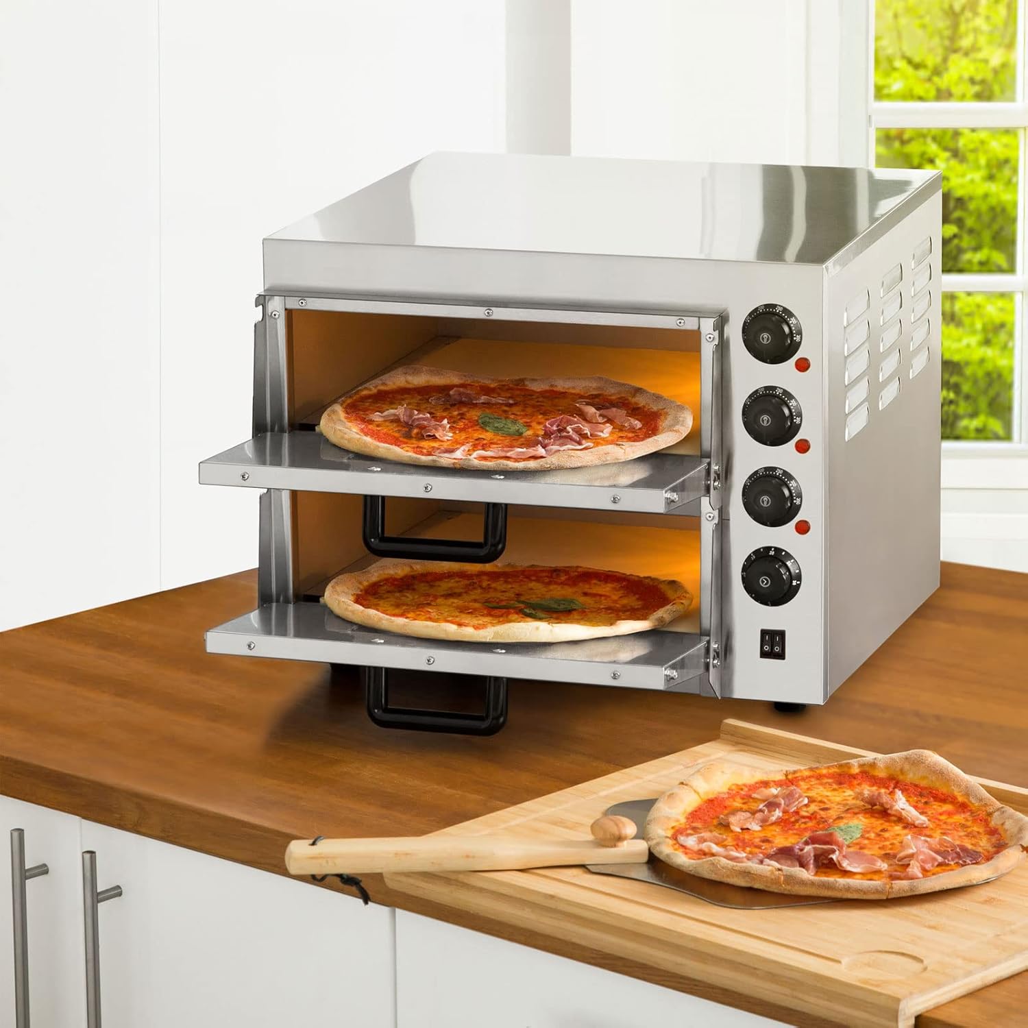 VERTES Four à Pizza électrique, Deux Etages, 3000W, Pierre réfractaire four, Chaleur de voûte et de Sole réglable indépendamment jusqu'à 350°C, Fonction minuterie, four double cavité, Acier INOX
