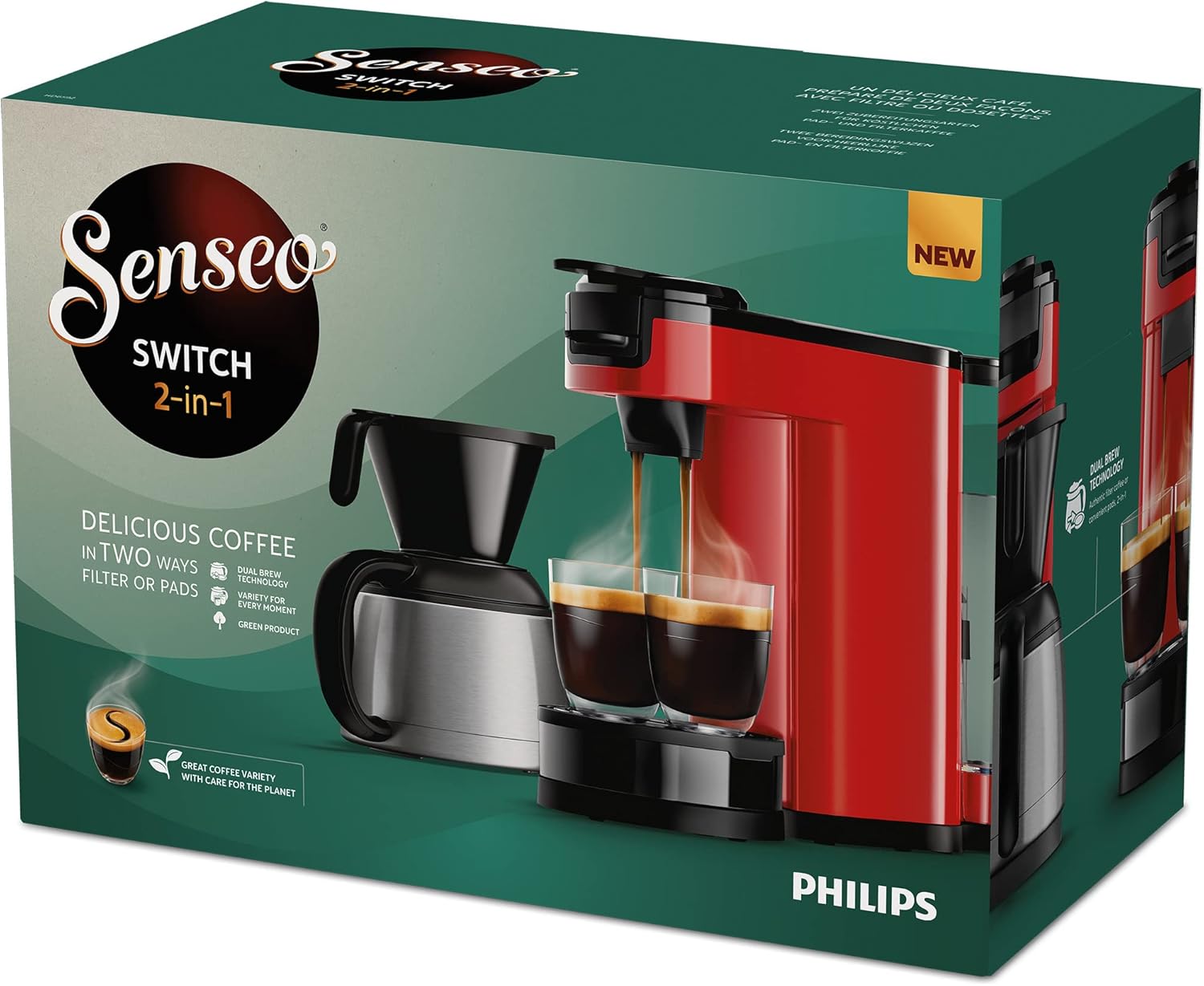 Philips Senseo Switch Pad- und Filterkaffeemaschine, 2-in-1-Brühtechnologie, 1-Liter-Wasserbehlter, 7 Tassen in einem Durchgang, Klavierlackschwarz (HD6592/64)