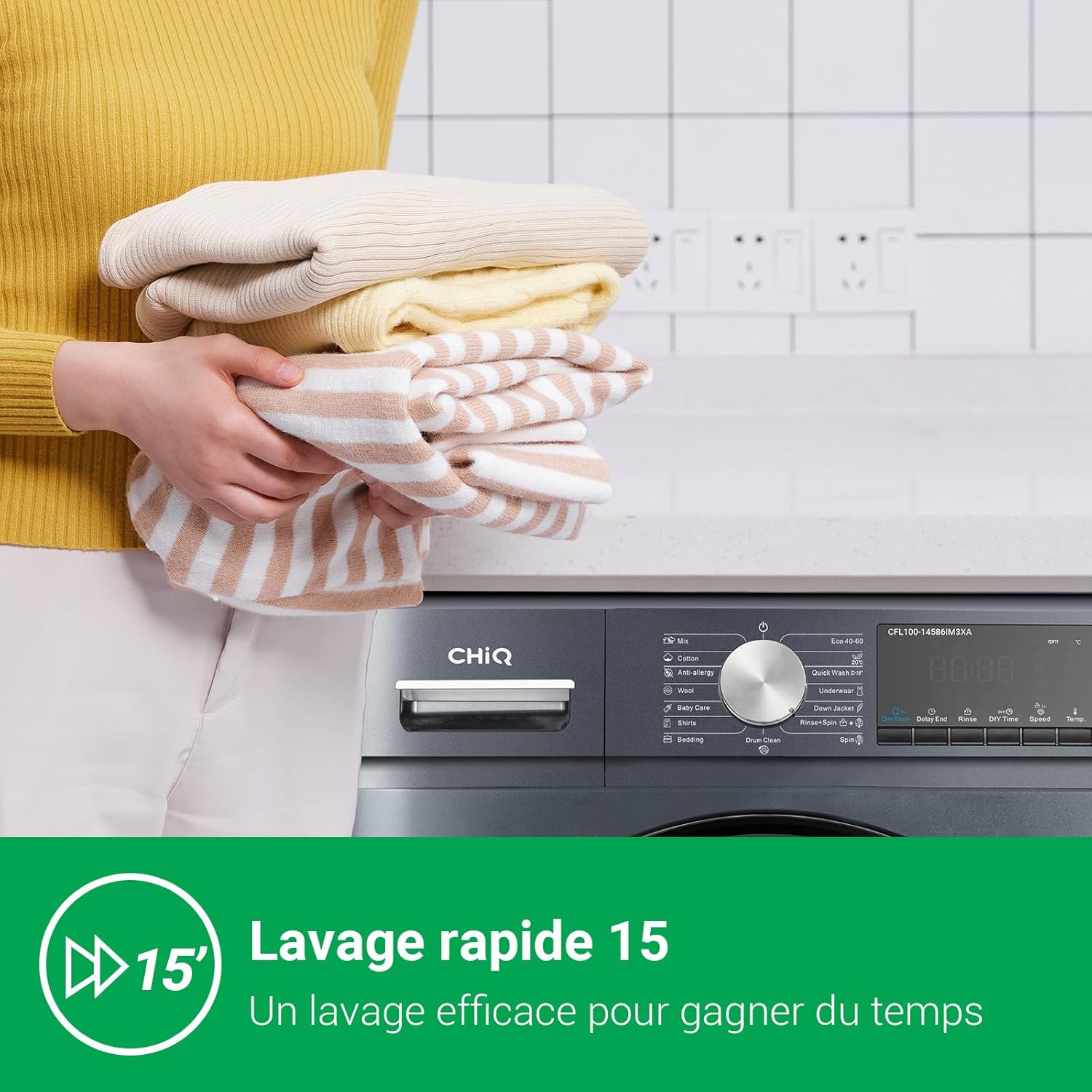 CHiQ Lave-linge CFL80-14586IM3XA, Chargement frontal 8 kg,Space Pro,Moteur Inverter stable, 1400 tr/min, Programme intelligent à IA, Fonction vapeur, Lavage rapide 15 minutes, 15 cycles lavage, Gris