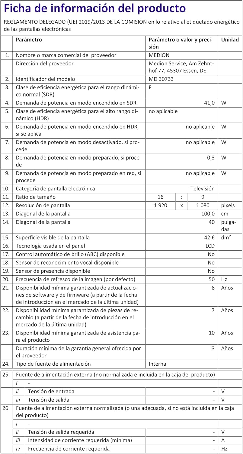 MEDION E14080 (MD 30224) Téléviseur Full HD 100,3 cm (40 Pouces) (Lecteur DVD intégré, récepteur Triple Tuner DVB-T2 DVB-C DVB-S2, 2 x HDMI, VGA, USB, Mediaplayer, CI+)