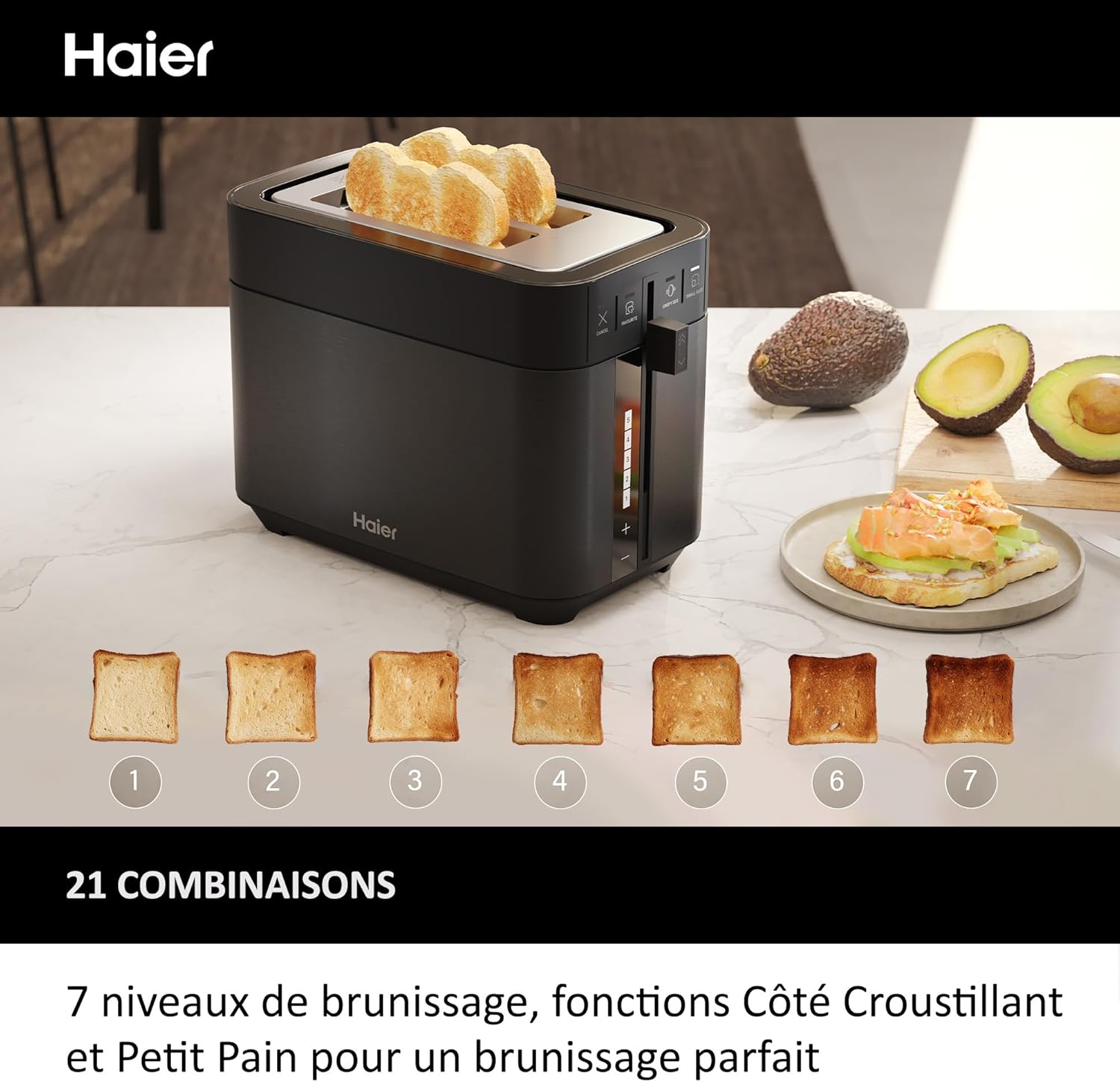 Pack Petit Déjeuner Grille-Pain Toaster+Bouilloire Haier I-Master Série 5, Acier Inoxydable, Fentes Extra Profondes, 7 Niveaux de Brunissage, 7 Réglages de Température Fonction Maintien au Chaud