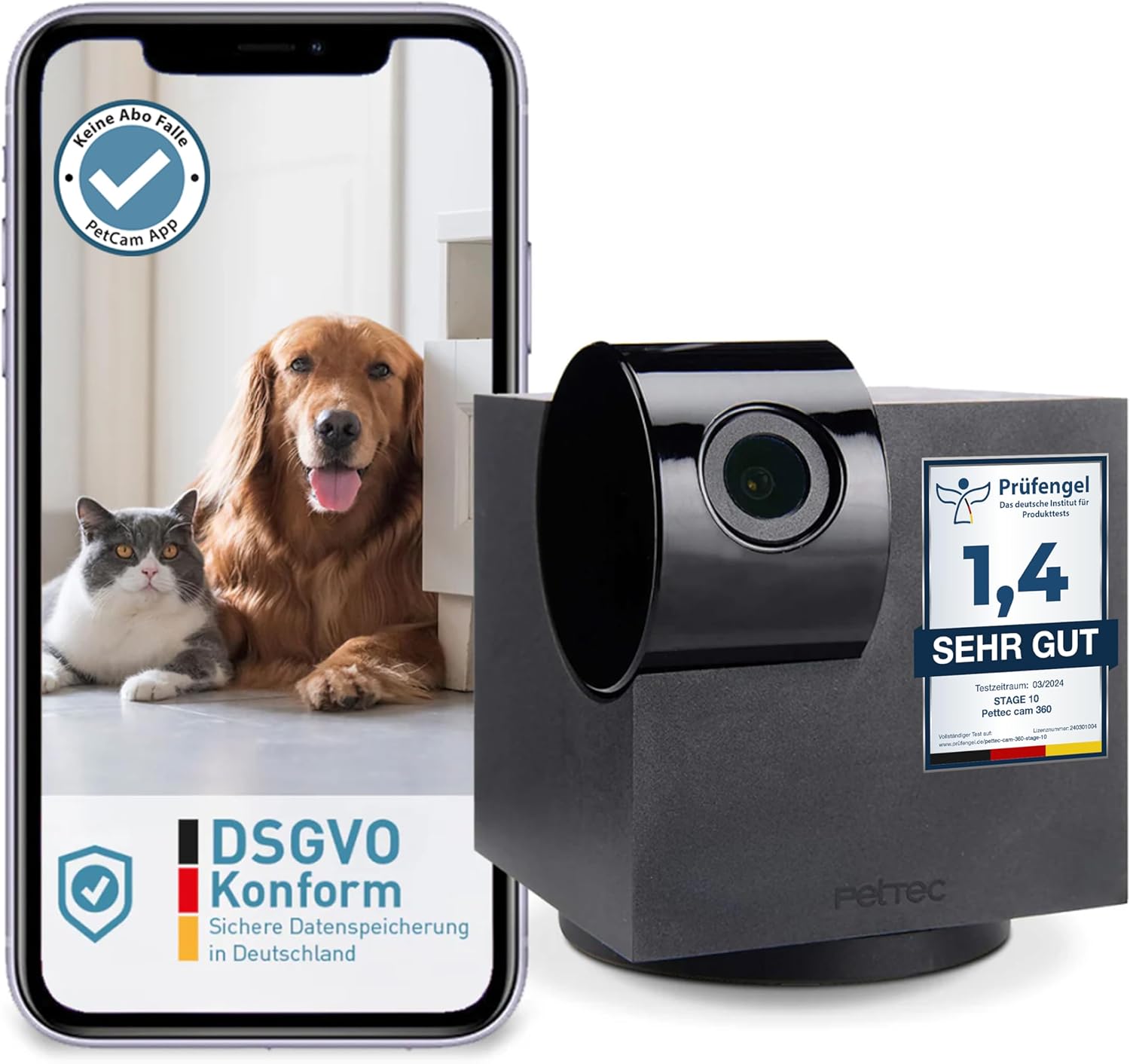 PetTec Cam Free Lot de 2 caméras sans fil pour animaux de compagnie avec application [sans piège à abonnement] – Caméra pour chats et chiens intérieur/extérieur – Détection de mouvement et fonction