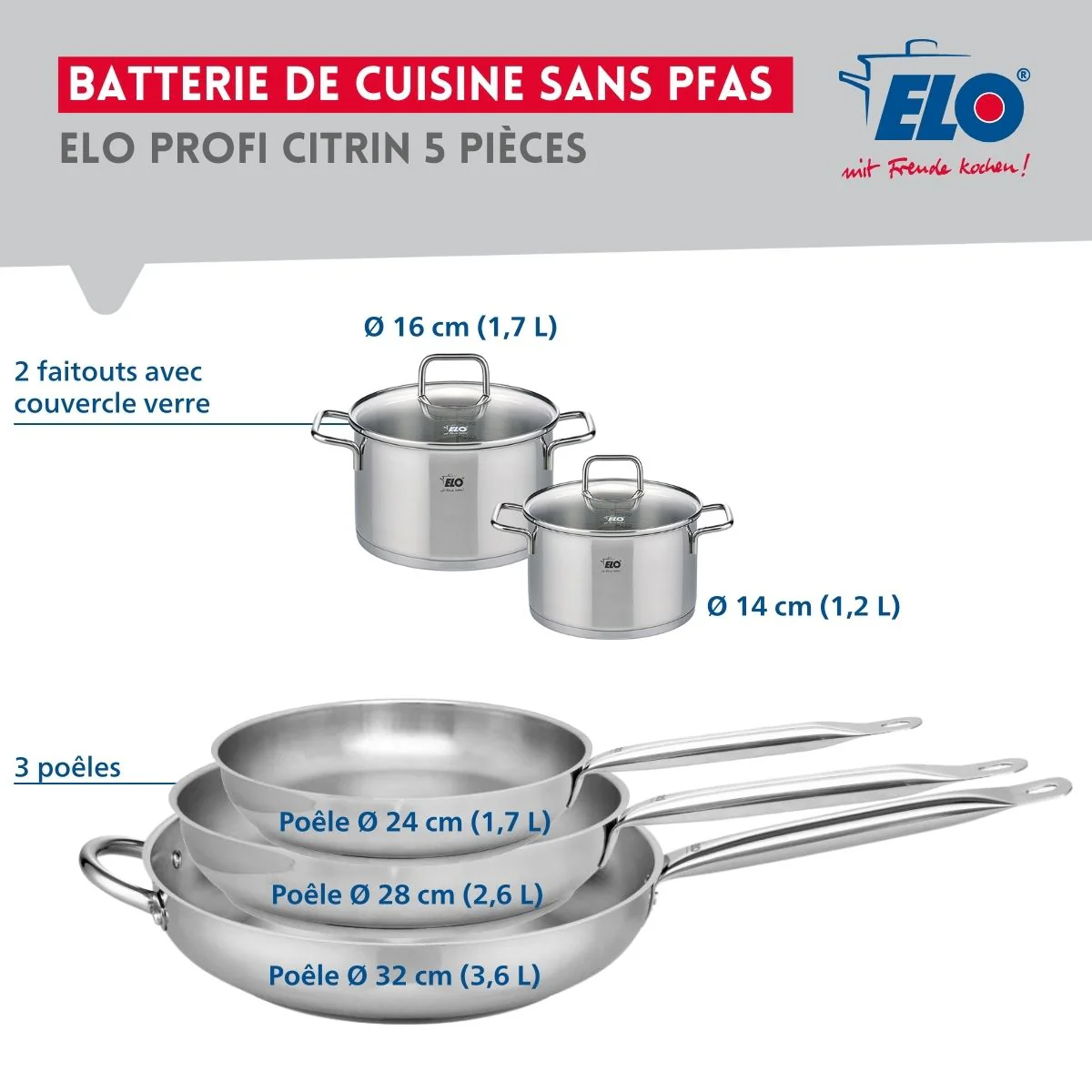 Ensemble de 3 Poêles de cuisson 24, 28 et 32 cm et 2 faitouts 14 et 16 cm Elo Profi Citrin Elo