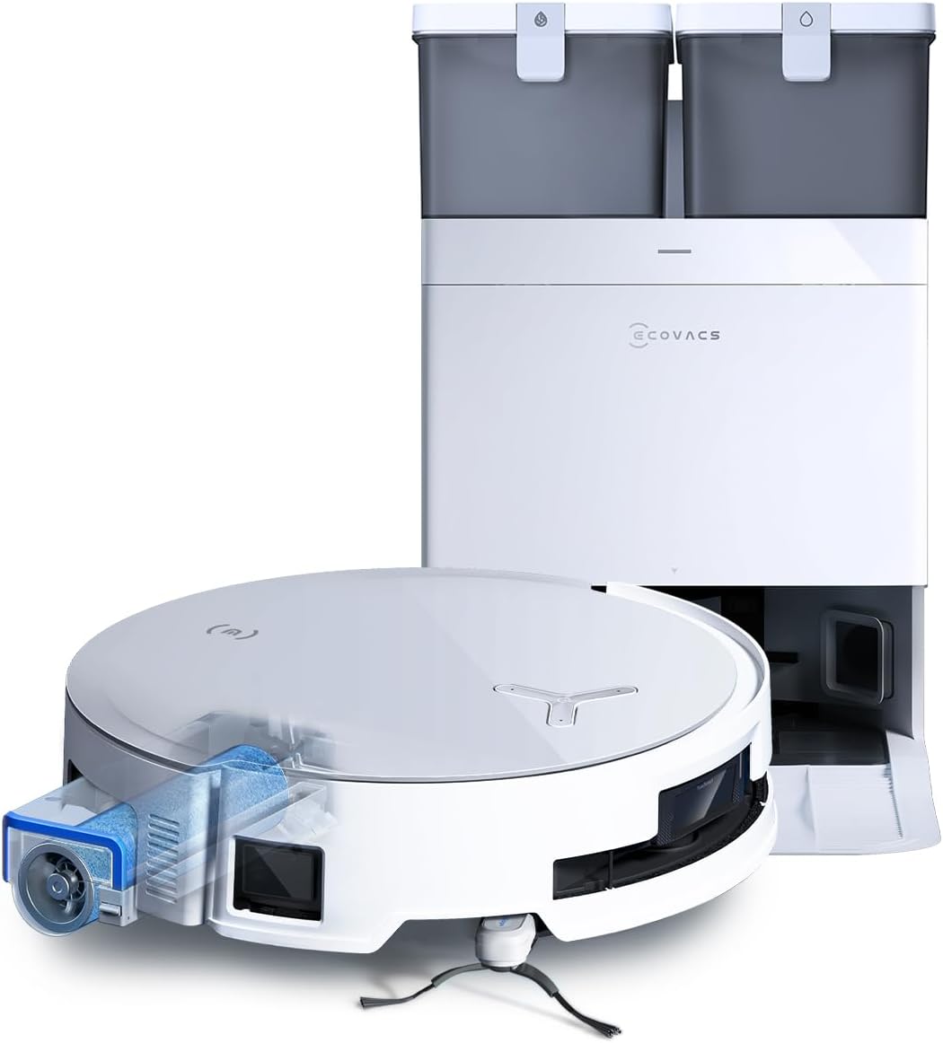 ECOVACS X8 PRO OMNI Robot Aspirateur Laveur avec Station Tout-En-Un, Puissance 18000Pa, Nettoyage Automatique Instantané OZMO ROLLER, Nettoyage à l'eau chaude 75℃, Ajout Solution Nettoyage Automatique