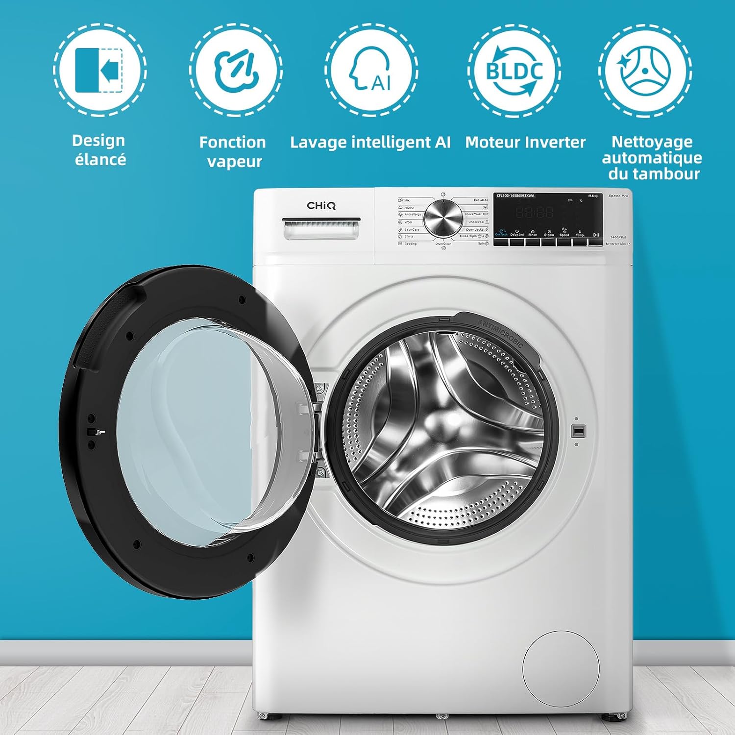 CHiQ Lave-linge à chargement frontal 10kg CFL100-14586IM3XWA,Space Pro,Moteur Inverter stable,1400 tr/min, Programme intelligent à IA,Fonction vapeur,Lavage rapide 15 minutes,15 cycles lavage,Blanc