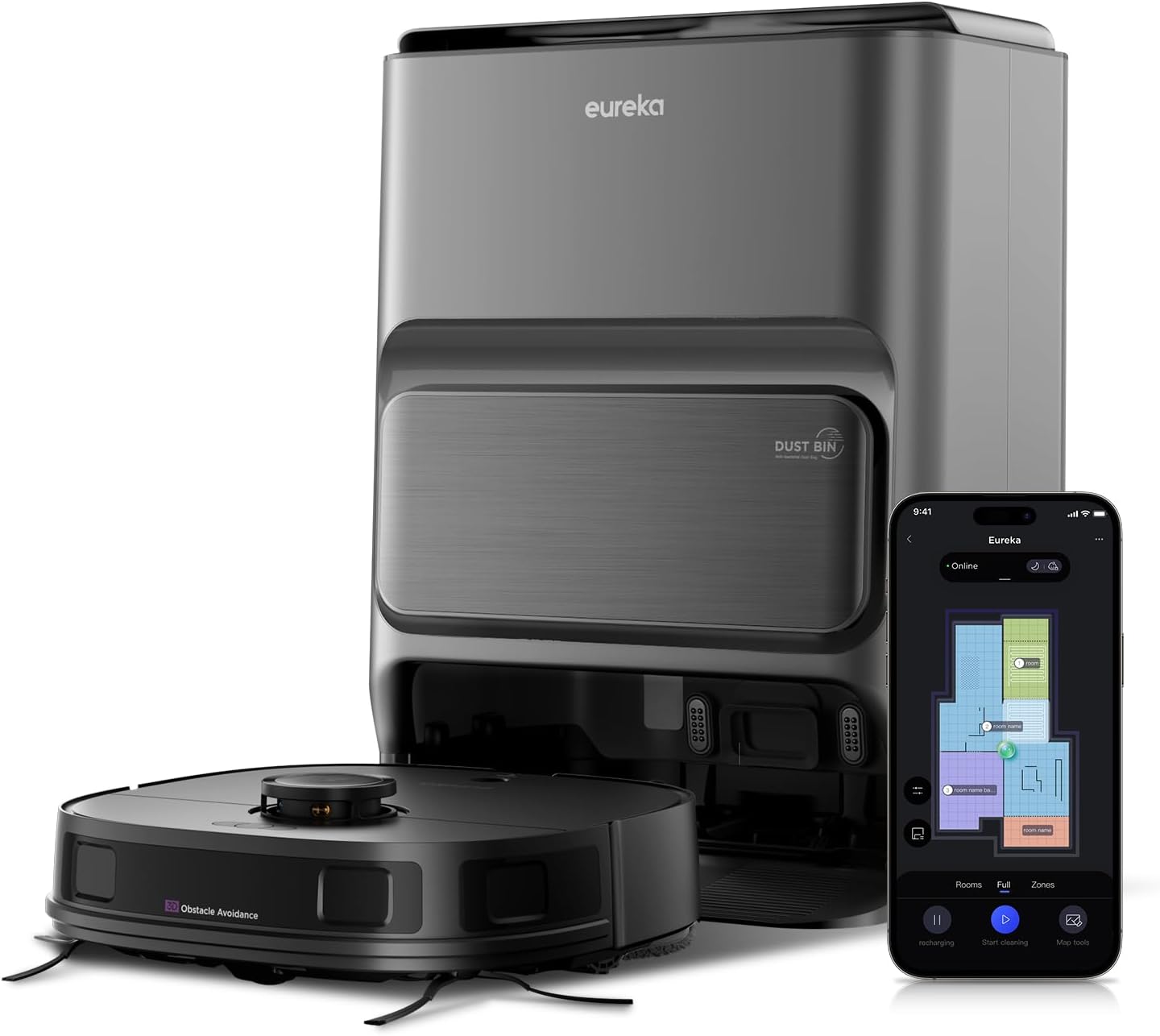 Eureka J12 Ultra Robot Aspirateur Laveur avec Station Automatique de Vidange Lavage Séchage, Aspirateur Robot de 5000Pa, Serpillière Rotative, Double LiDAR Navigation, Évitement d'Obstacle 3D IA