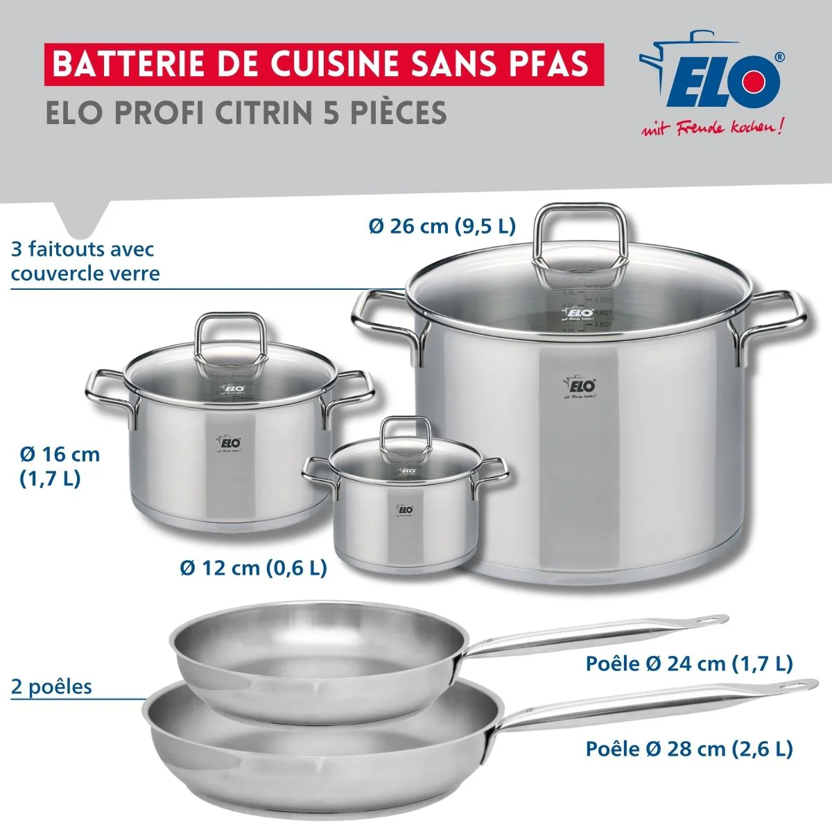 Ensemble de 2 Poêles de cuisson 24 et 28 cm et 3 faitouts 12, 16 et 26 cm Elo Profi Citrin Elo