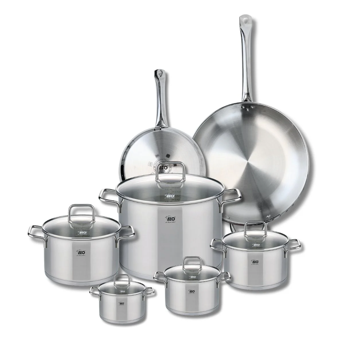 Ensemble de 2 Poêles de cuisson 24 et 32 cm et 5 faitouts 12, 14, 16, 20 et 26 cm Elo Profi Citrin Elo