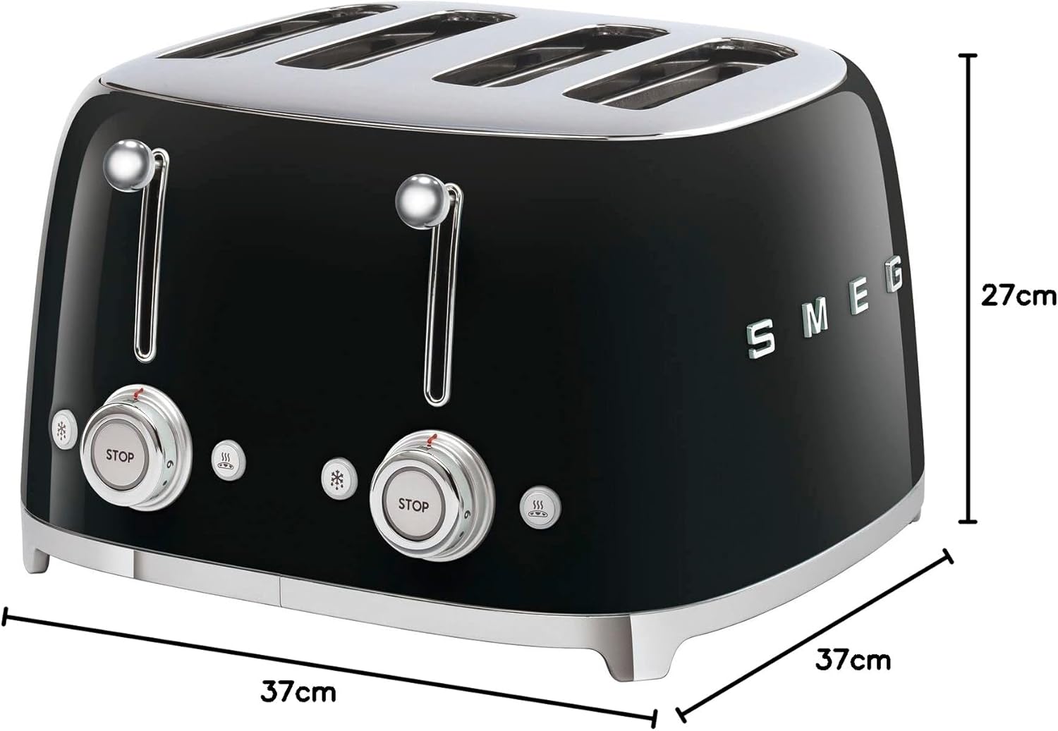 Smeg, Grille-pain 4 Tranches TSF03BLEU, 4 Fentes 36 mm, 6 Niveaux de Brunissage, Fonction Chauffage, Décongélation et Bagel, Éjection Automatique du Pain, 2 Ramasse Miettes, 2000 W, Noir