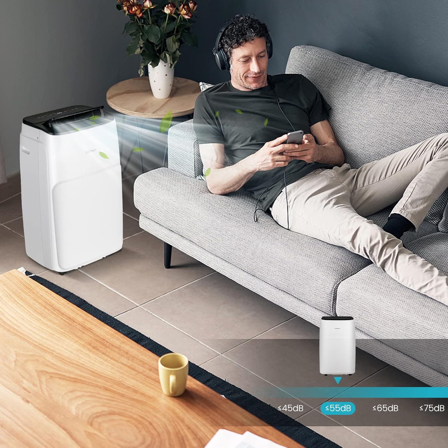 COSTWAY Climatiseur Mobile Silencieux 16000BTU, 5 EN 1,Refroidissement,Chauffage,Ventilateur,Déshumidificateur,Mode Nuit,Climatisation Rapide,Clim Mobile