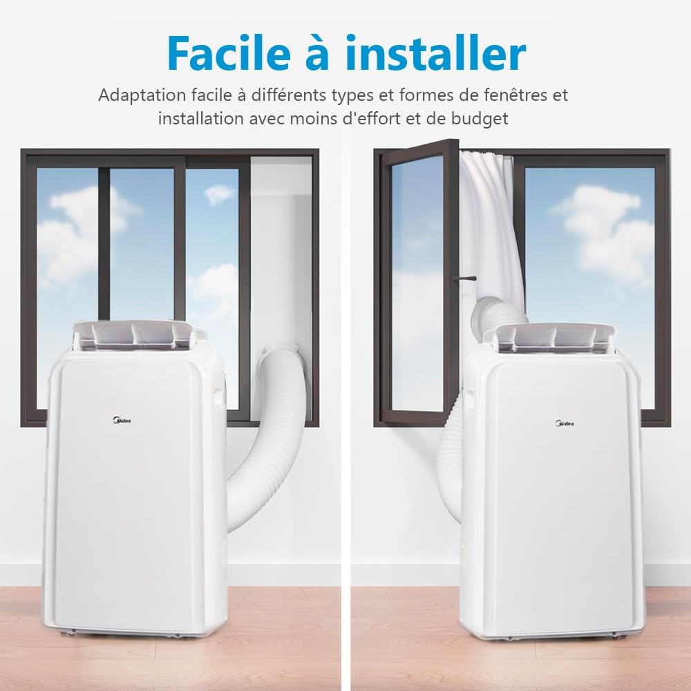 MIDEA Climatiseur Mobile Silencieux 12000 BTU avec Évacuation - Climatisation Portable Prêt à Poser 3500W - Clim Réversible Split Mobile - 3 Vitesses avec Kit de Fenêtre et Télécommande