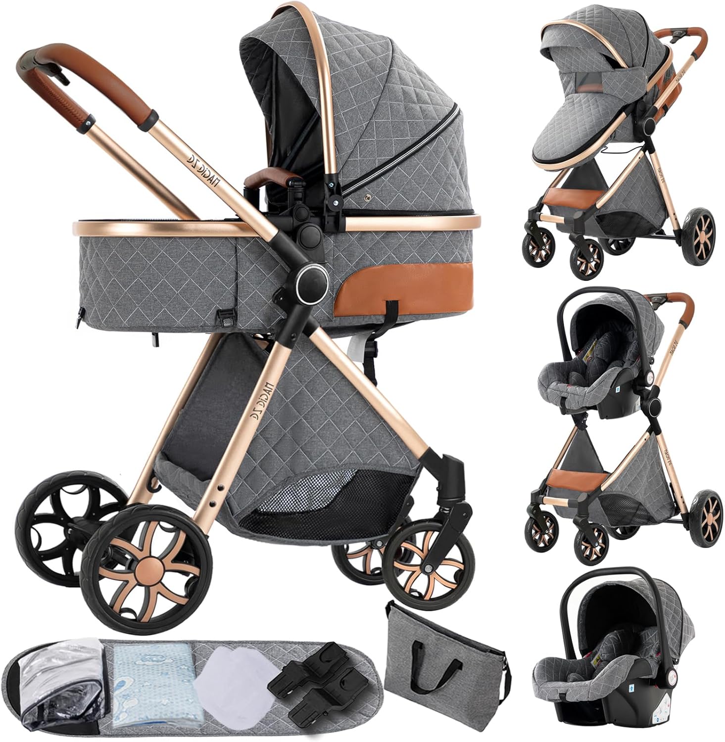 Magic ZC Poussette 3 en 1, Poussette Bebe avec Conception Portable Pliable en Un Clic, Pousette 3 en 1 avec Poussée Réversible Bidirectionnelle, Poussette Trio avec Accessoires (black gold 588)