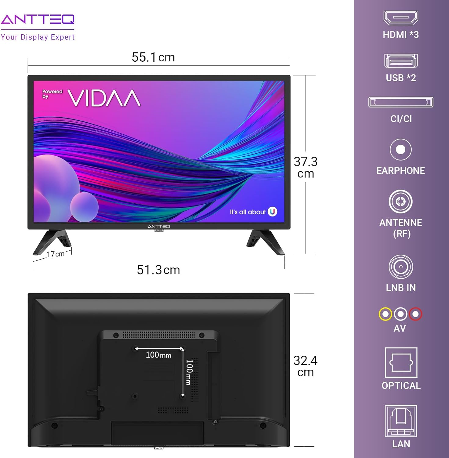 Antteq AB42D1 télévision 42 Pouces (TV 107 cm), Dolby Audio, LED, Triple Tuner DVB-C / T2 / S2, CI+, HDMI, Lecteur multimédia Via USB, Sortie Audio numérique, y Compris Mode hôtel