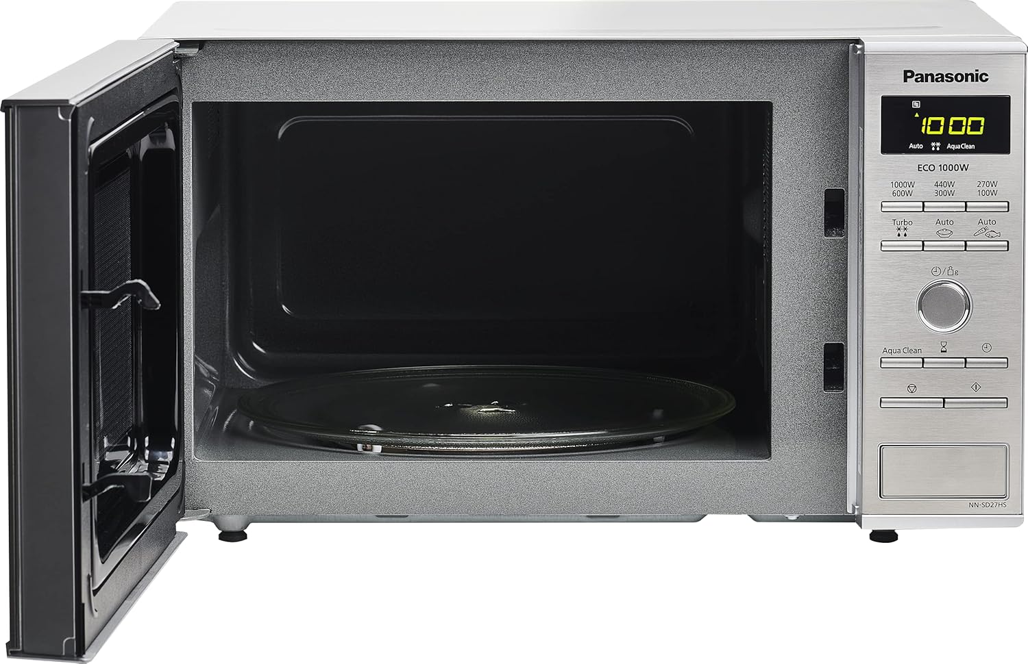 Panasonic NN-SD27HSUPG Four Micro-Ondes Technologie Inverter Plateau Tournant en Verre, 23L, 1000W, 10 Prog auto, Décongélation Chaos, 6 Puissances, Minuterie, Affichage LED, Acier Inoxydable Argent