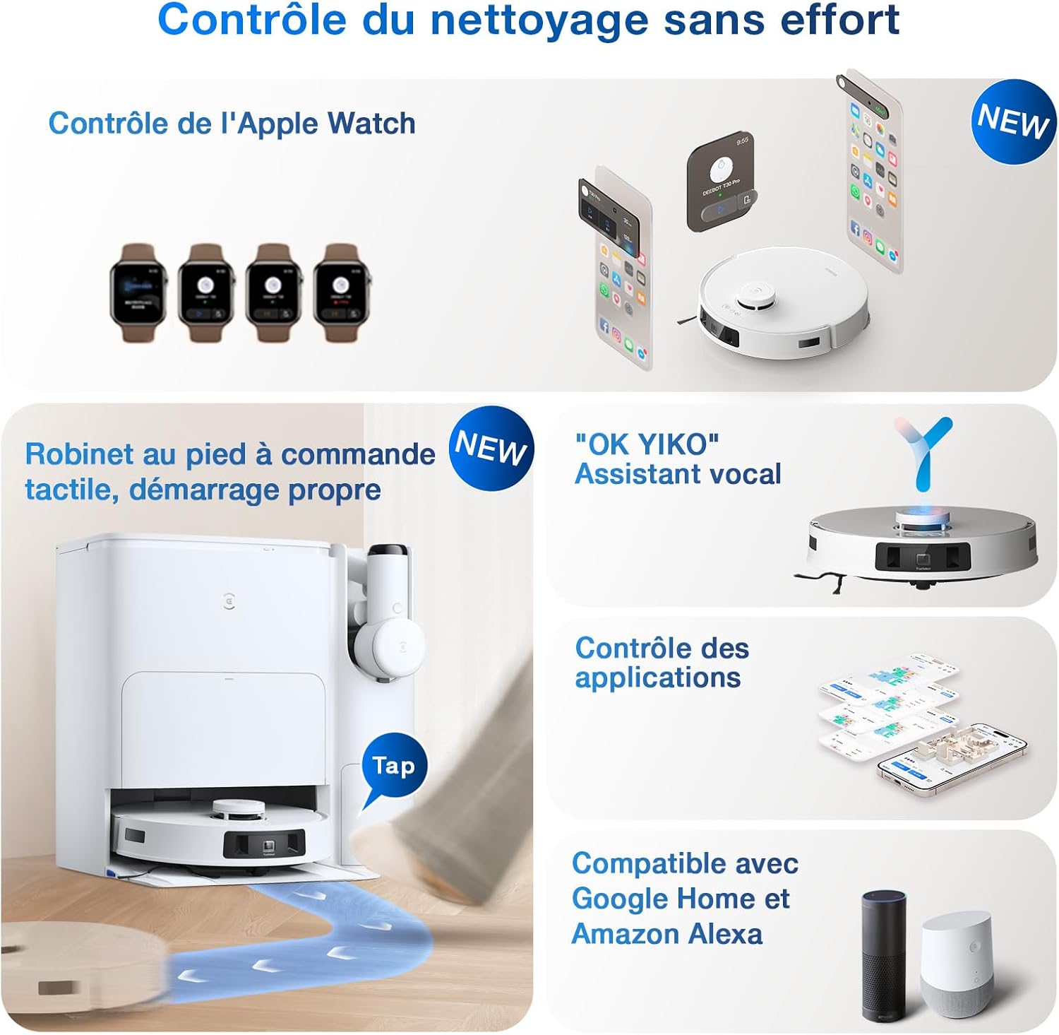 ECOVACS X8 PRO OMNI Robot Aspirateur Laveur avec Station Tout-En-Un, Puissance 18000Pa, Nettoyage Automatique Instantané OZMO ROLLER, Nettoyage à l'eau chaude 75℃, Ajout Solution Nettoyage Automatique