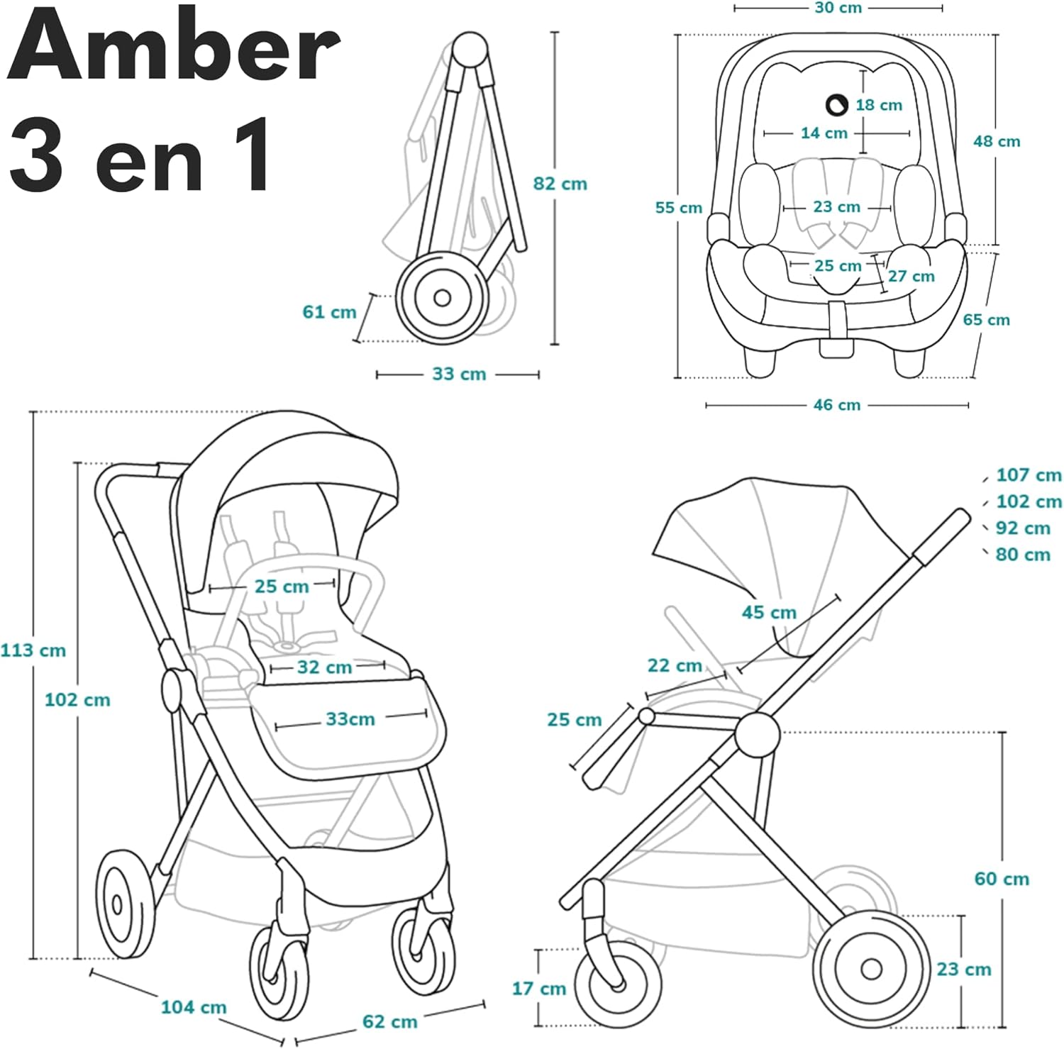 LIONELO Amber 3 in 1 poussette multifonctionnellle, landau, ensemble poussette avec siège sport et nacelle fixe, sac, moustiquaire, couvrir, feuille de pluie mit siege auto