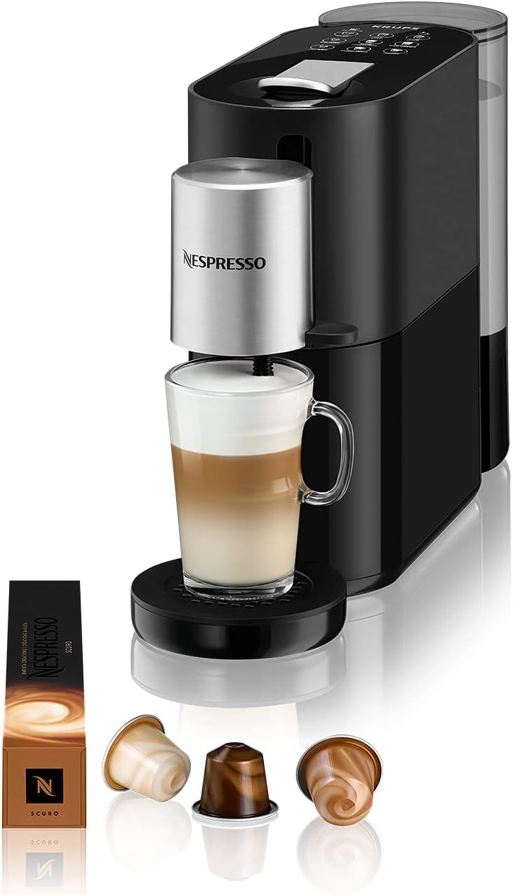 Krups Machine à Café Nespresso Atelier XN8908 - Système de Mousse de Lait - Réservoir d'eau de 1 l - Avec Tasses en Verre Nespresso + Capsules - Pression 19 Bar - Noir/Argenté