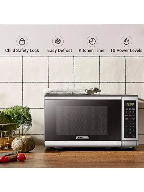 BLACK+DECKER Digital Microwave Oven with Turntable Push-Button Door, Child Safety Lock, Stainless Steel, 0.9 Cu Ft