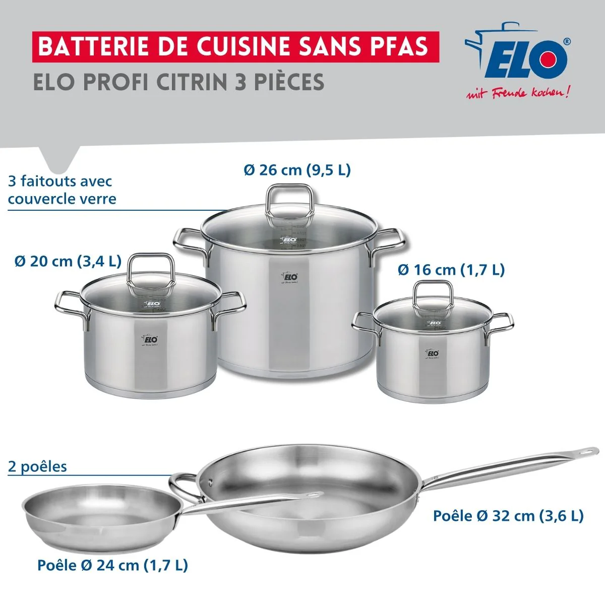 Ensemble de 2 Poêles de cuisson 24 et 32 cm et 3 faitouts 16, 20 et 26 cm Elo Profi Citrin Elo