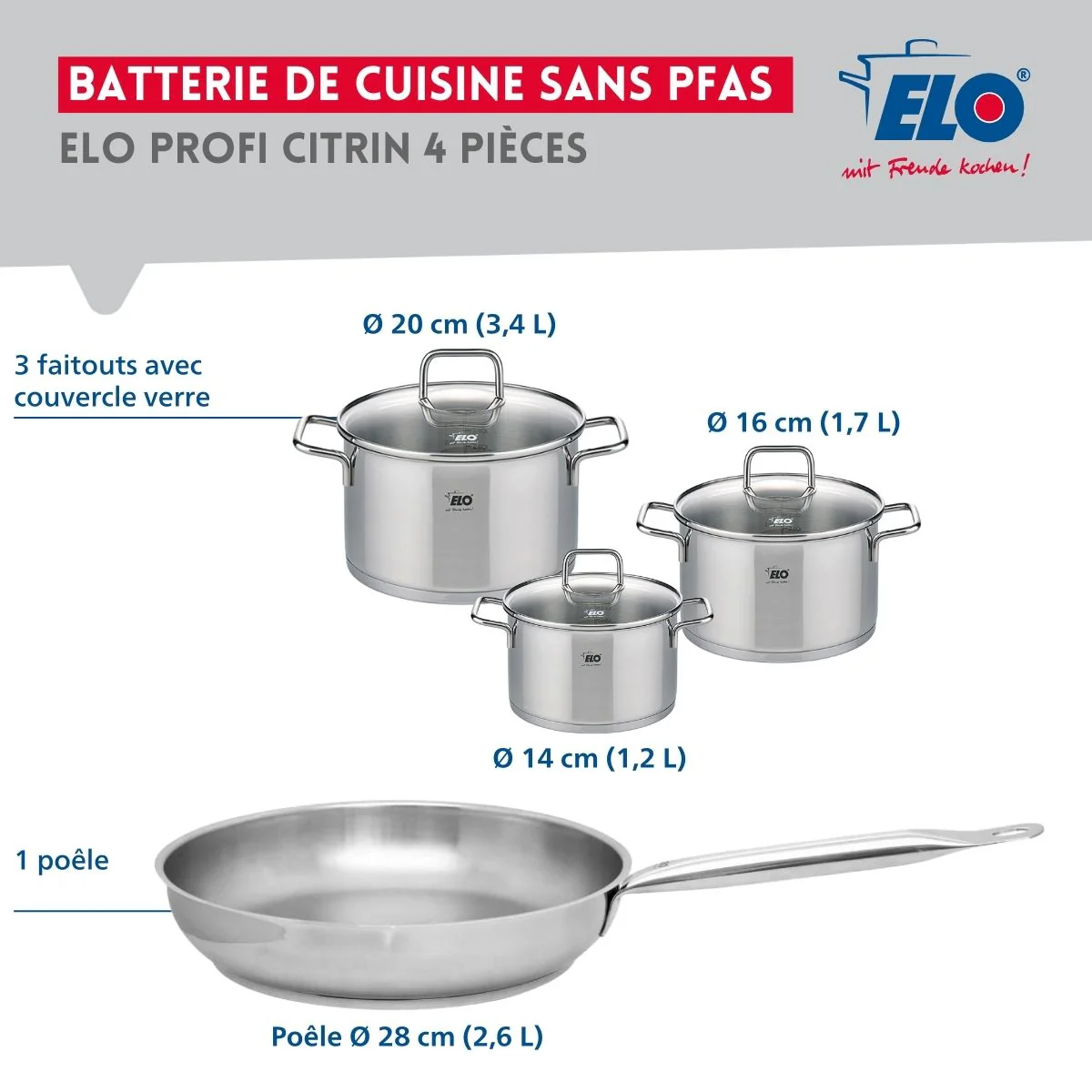 Ensemble de 1 Poêle de cuisson 28 cm et 3 faitouts 14, 16 et 20 cm Elo Profi Citrin Elo
