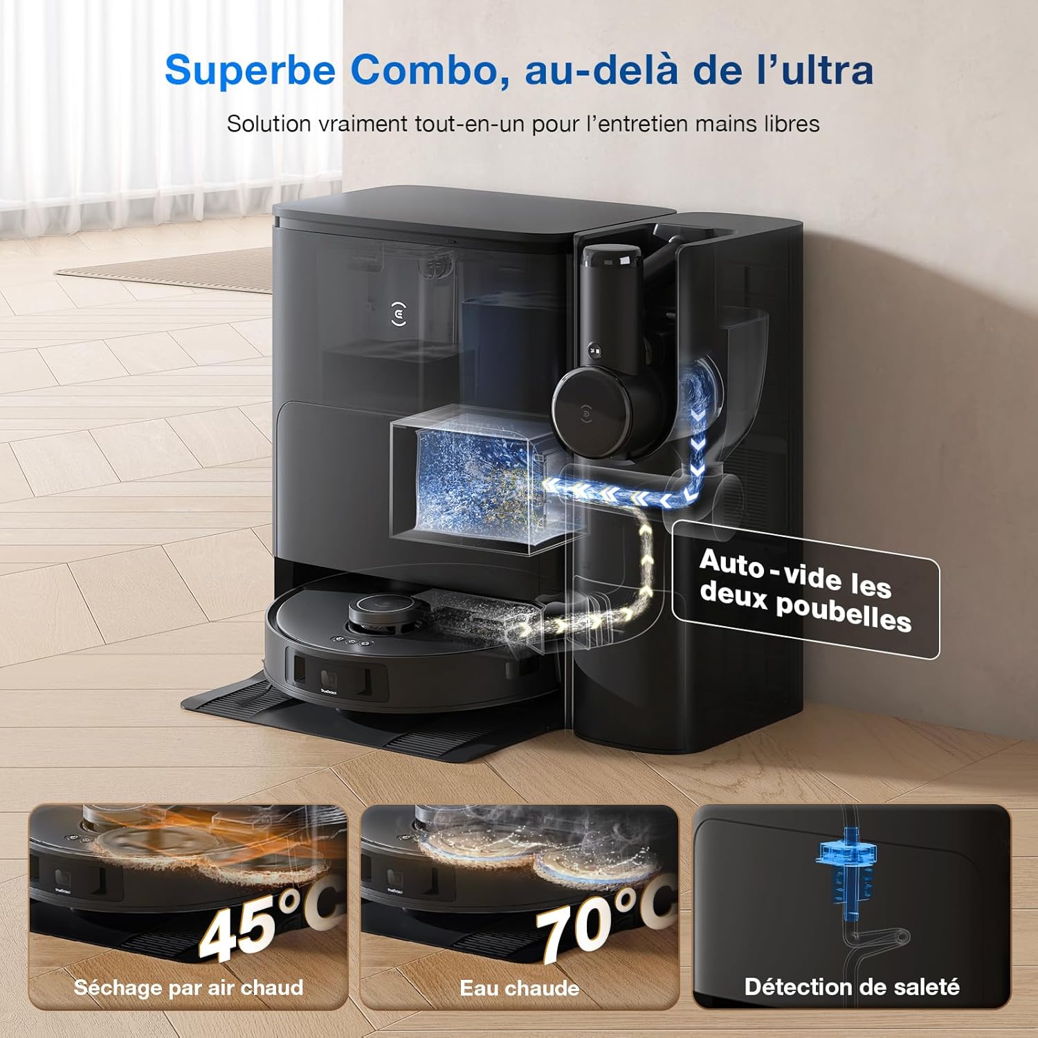 ECOVACS X8 PRO OMNI Robot Aspirateur Laveur avec Station Tout-En-Un, Puissance 18000Pa, Nettoyage Automatique Instantané OZMO ROLLER, Nettoyage à l'eau chaude 75℃, Ajout Solution Nettoyage Automatique