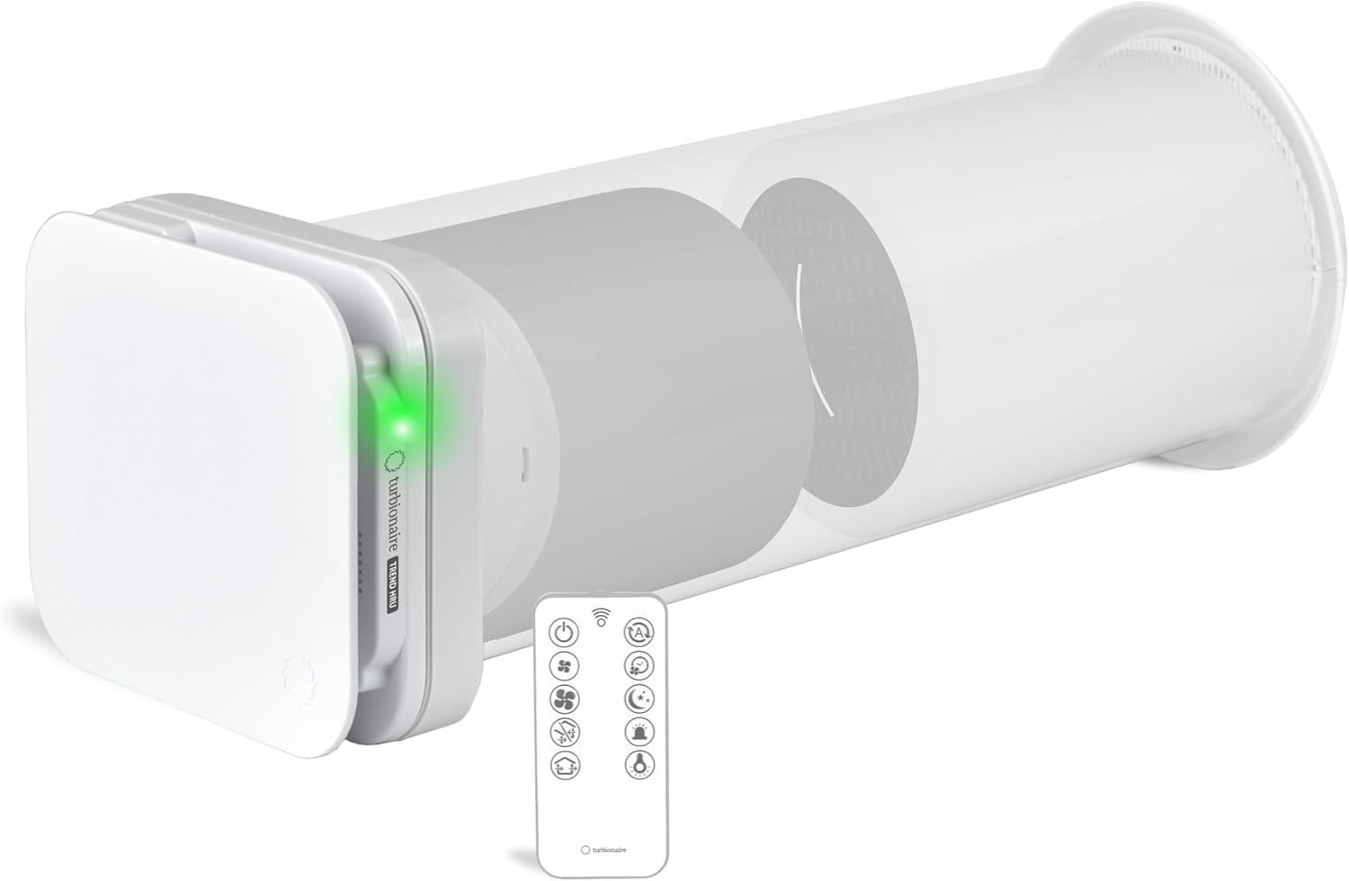 Turbionaire Trend HRV Unite de VMC Décentralisée, Récupérateur de Chaleur Céramique, Capteur d'Humidité, Télécommande, Minuterie, 8 Vitesses, Flux d'Air Réversible, 100 mm, Blanc, Silenciuse