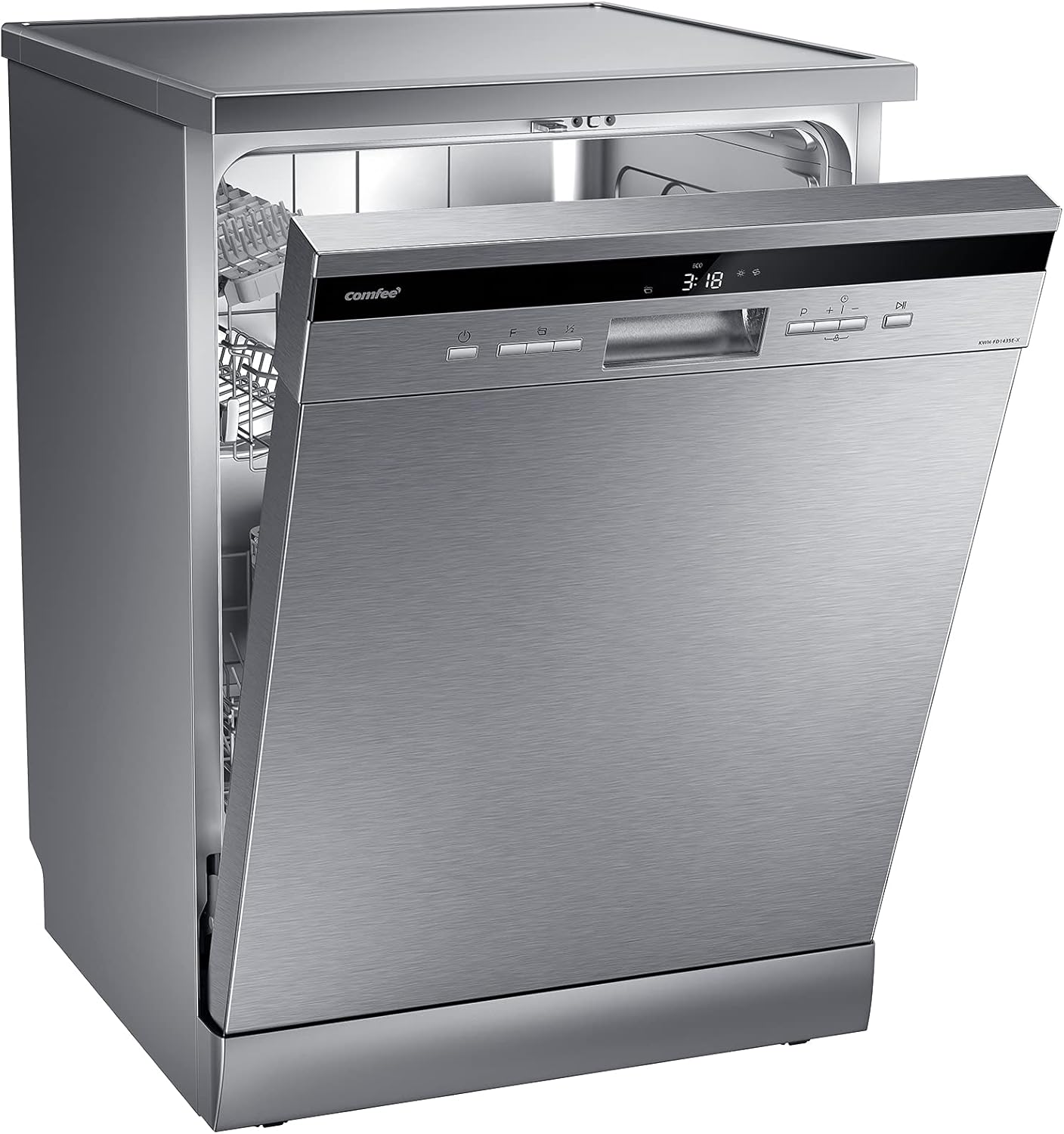 COMFEE' CDWPF1201PS Lave-vaisselle Pose Libre, 60 cm, 12 couverts, départ différé, fonction demi-charge, paniers flexibles - Acier Inoxydable, 49 dB, Commande Bouton