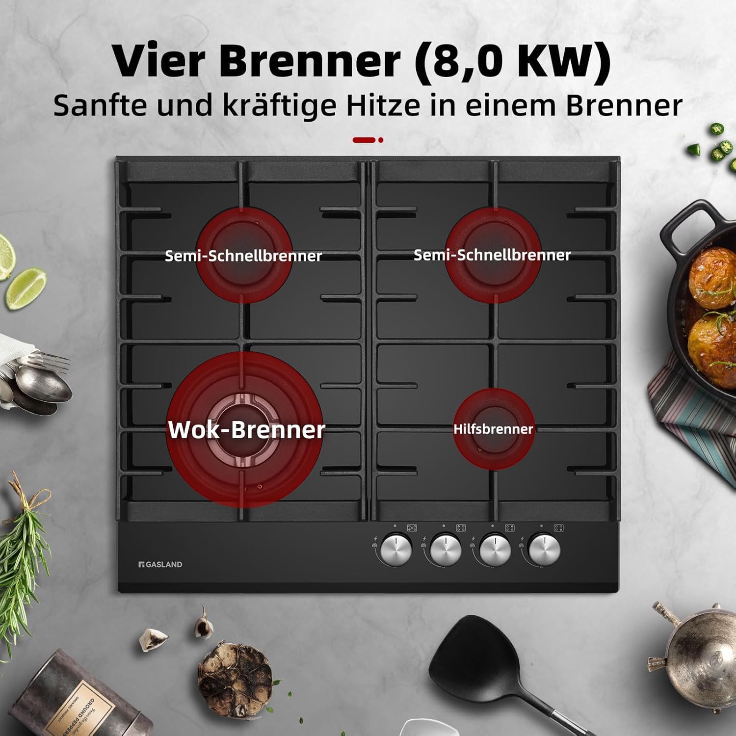GASLAND GH2805BG1FC Table de cuisson à gaz 5 feux, Cuisinière à gaz avec brûleur wok, Table de cuisson à gaz encastrable, 76cm noir Cuisinière à gaz en verre, Cuisinière à gaz 10,4KW, GPL/NG