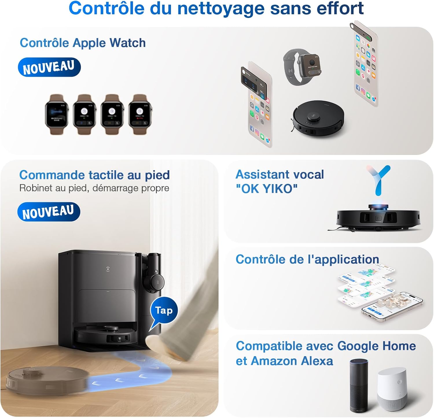 ECOVACS X8 PRO OMNI Robot Aspirateur Laveur avec Station Tout-En-Un, Puissance 18000Pa, Nettoyage Automatique Instantané OZMO ROLLER, Nettoyage à l'eau chaude 75℃, Ajout Solution Nettoyage Automatique