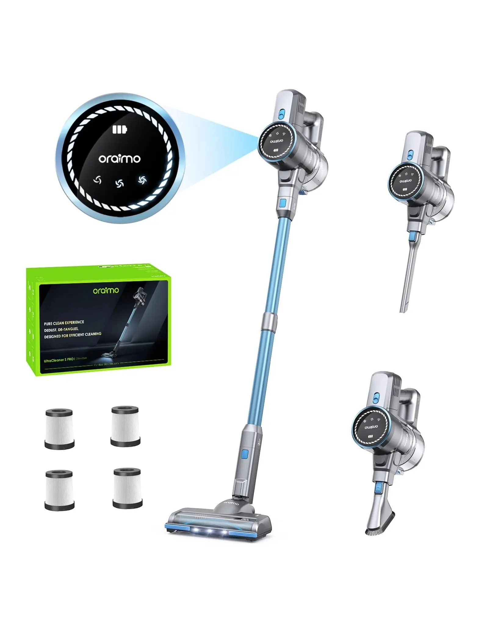 Oraimo Cordless Vacuum, 24KPA Vacuum Cleaner with 270W Brushless Motor, Stick Vacuum with Anti-entangle Floor Brush, Up to 45min Runtime, for Pet Hair Hard Floor Carpet Stair Dorm, 4 HEPA