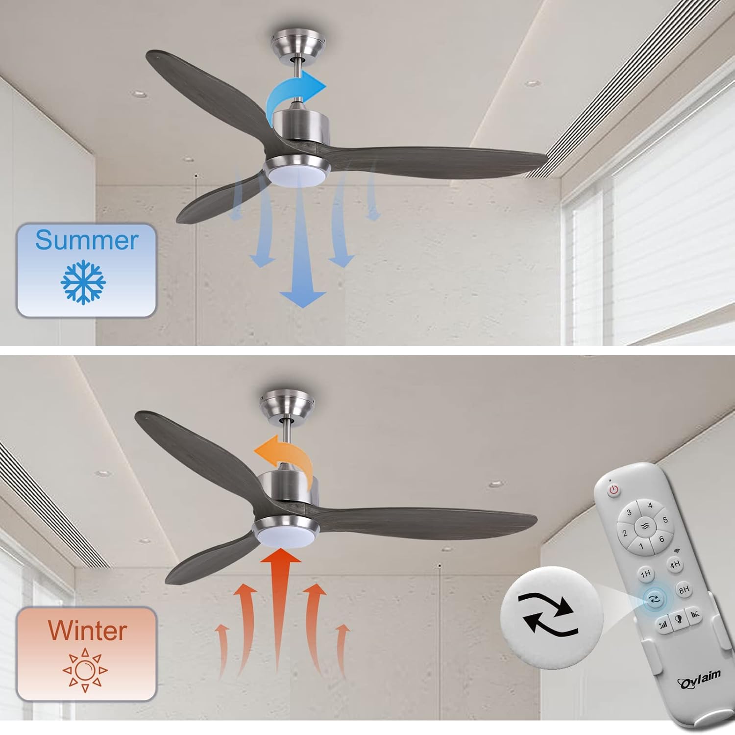 Ovlaim 132cm intérieur extérieur 3 pales hélice Smart ventilateur de plafond, Ventilateur de plafond en bois massif à moteur DC silencieux avect