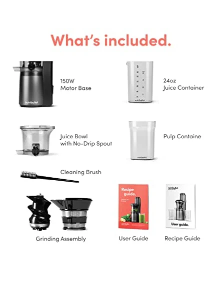nutribullet Slow Juicer, Slow Masticating Juicer Machine, Easy to Clean, Quiet Motor & Reverse Function, BPA-Free, Cold Press Juicer with Brush, 150 Watts, Charcoal Black, NBJ50300, 24-oz