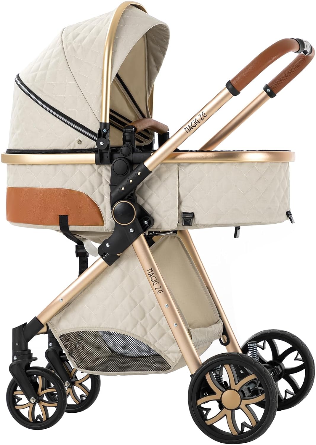 Magic ZC Poussette 3 en 1, Poussette Bebe avec Conception Portable Pliable en Un Clic, Pousette 3 en 1 avec Poussée Réversible Bidirectionnelle, Poussette Trio avec Accessoires (black gold 588)