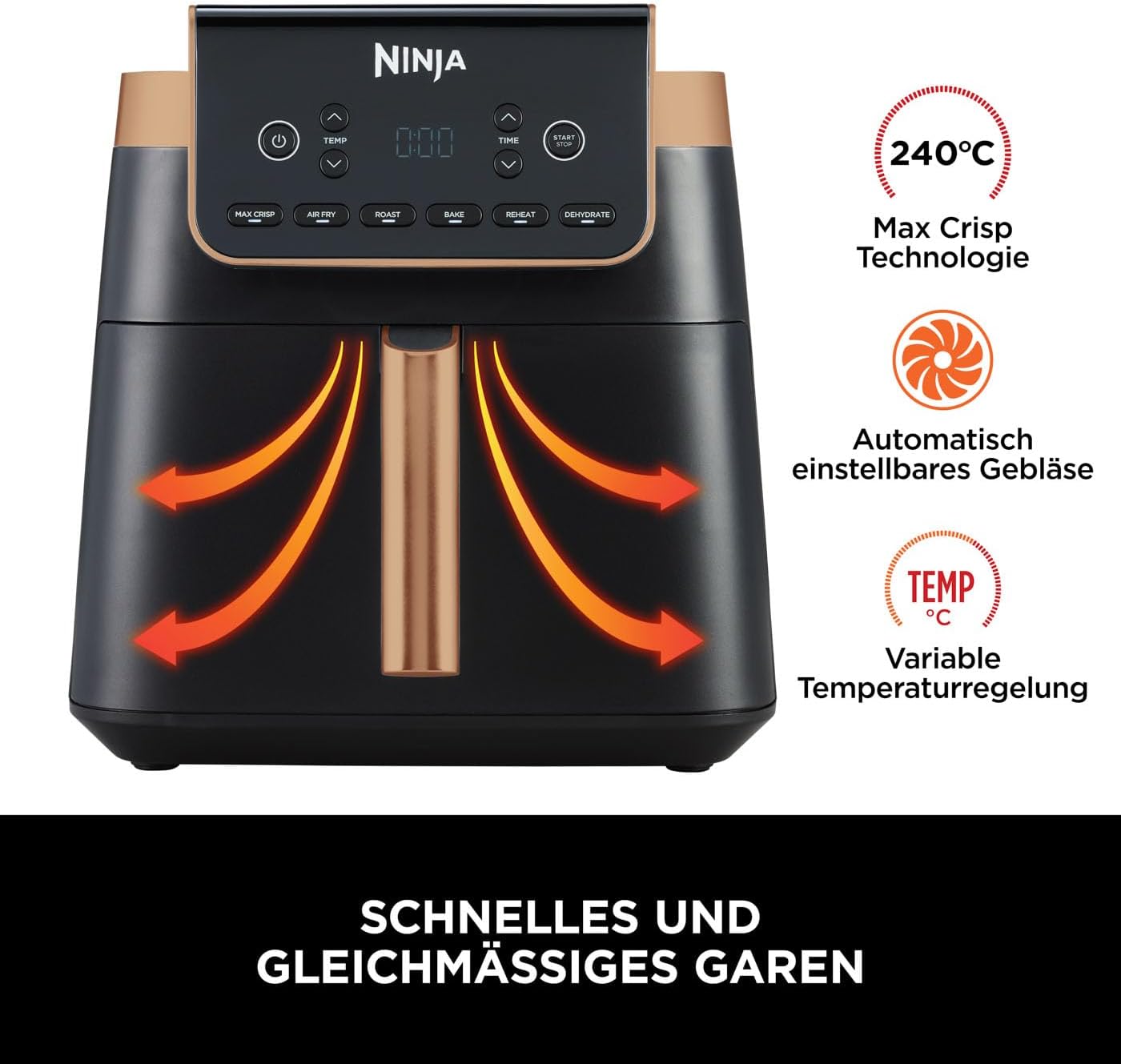 Ninja Foodi FlexDrawer Dual Zone Heißluftfritteuse, Airfryer mit 10,4-Fach und herausnehmbarem Trenner, Antihaftbeschichtung, spülmaschinenfester Korb, 7-in-1, Schwarz & Kupfer, AF500EUCP