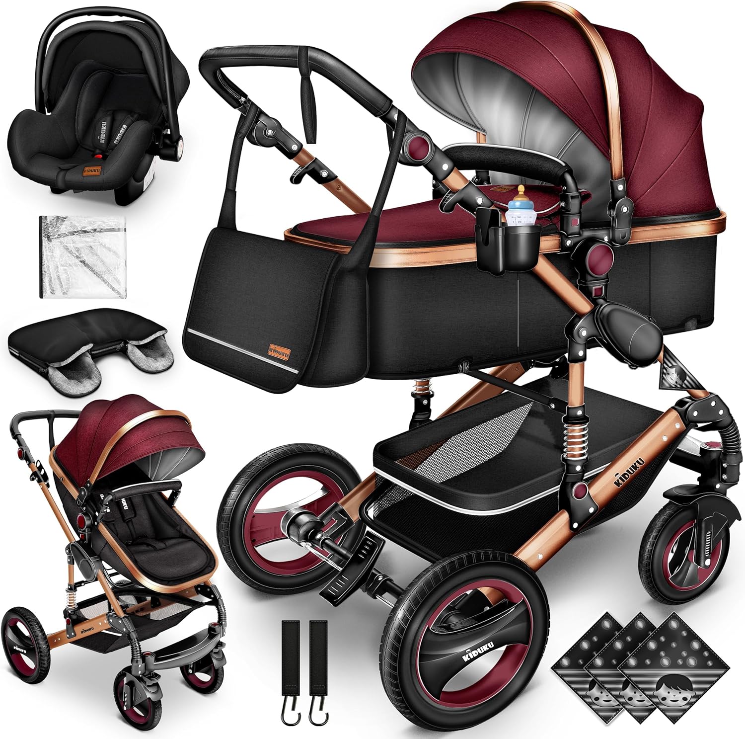 KIDUKU® Poussette Combinée 3 en 1 | Trio pour Enfants | Siége Auto Légère, Piable | Nacelle Souple Convertible | Set de Voyage (Noir/Champagne)