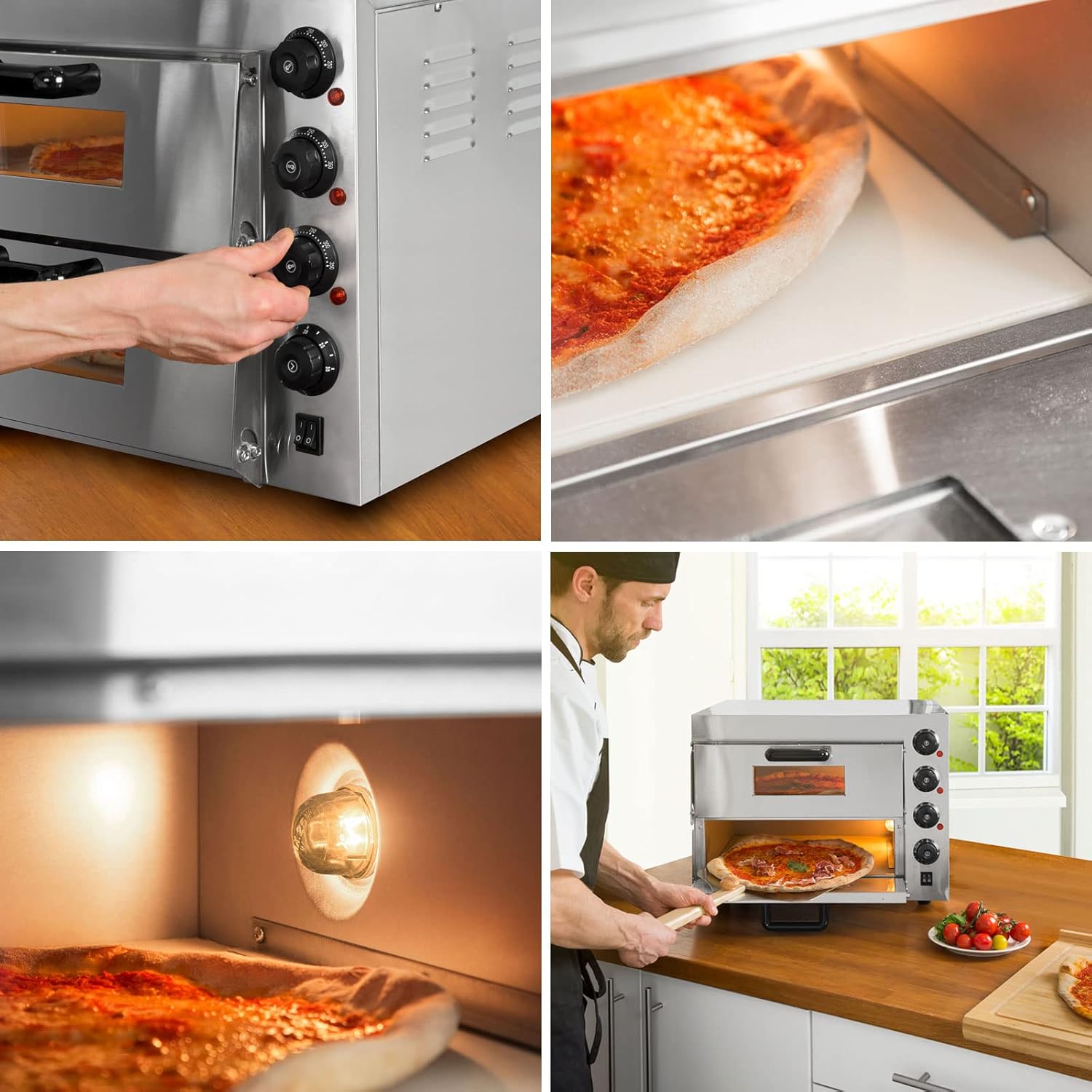 VERTES Four à Pizza électrique, Deux Etages, 3000W, Pierre réfractaire four, Chaleur de voûte et de Sole réglable indépendamment jusqu'à 350°C, Fonction minuterie, four double cavité, Acier INOX