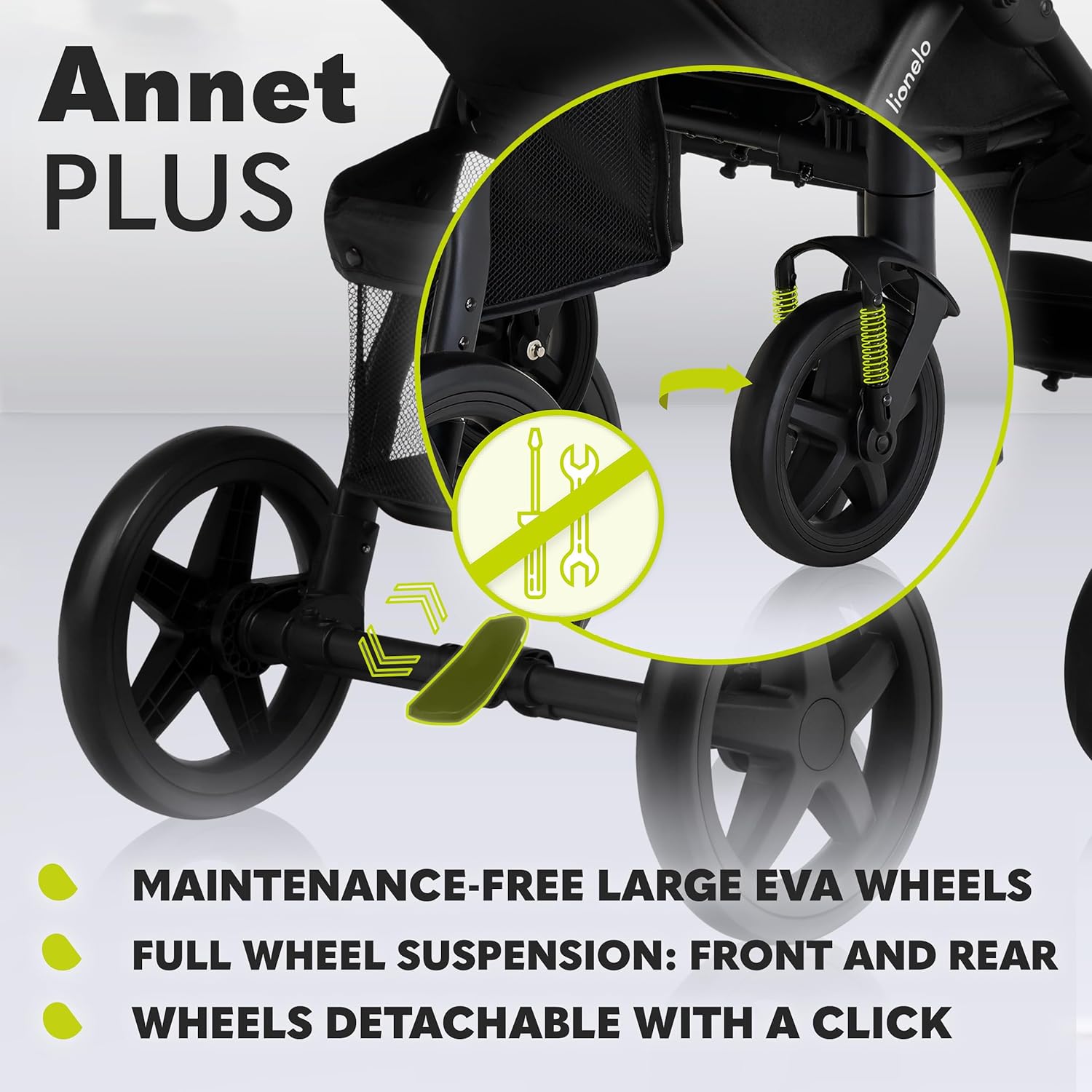 LIONELO Annet Plus poussette bebe à 22 kg, auvent avec fenêtre, roues EVA, chancelière moustiquaire porte-gobelet, réglage du dossier jusqu’à la position couchée (Dreamin, PLUS)