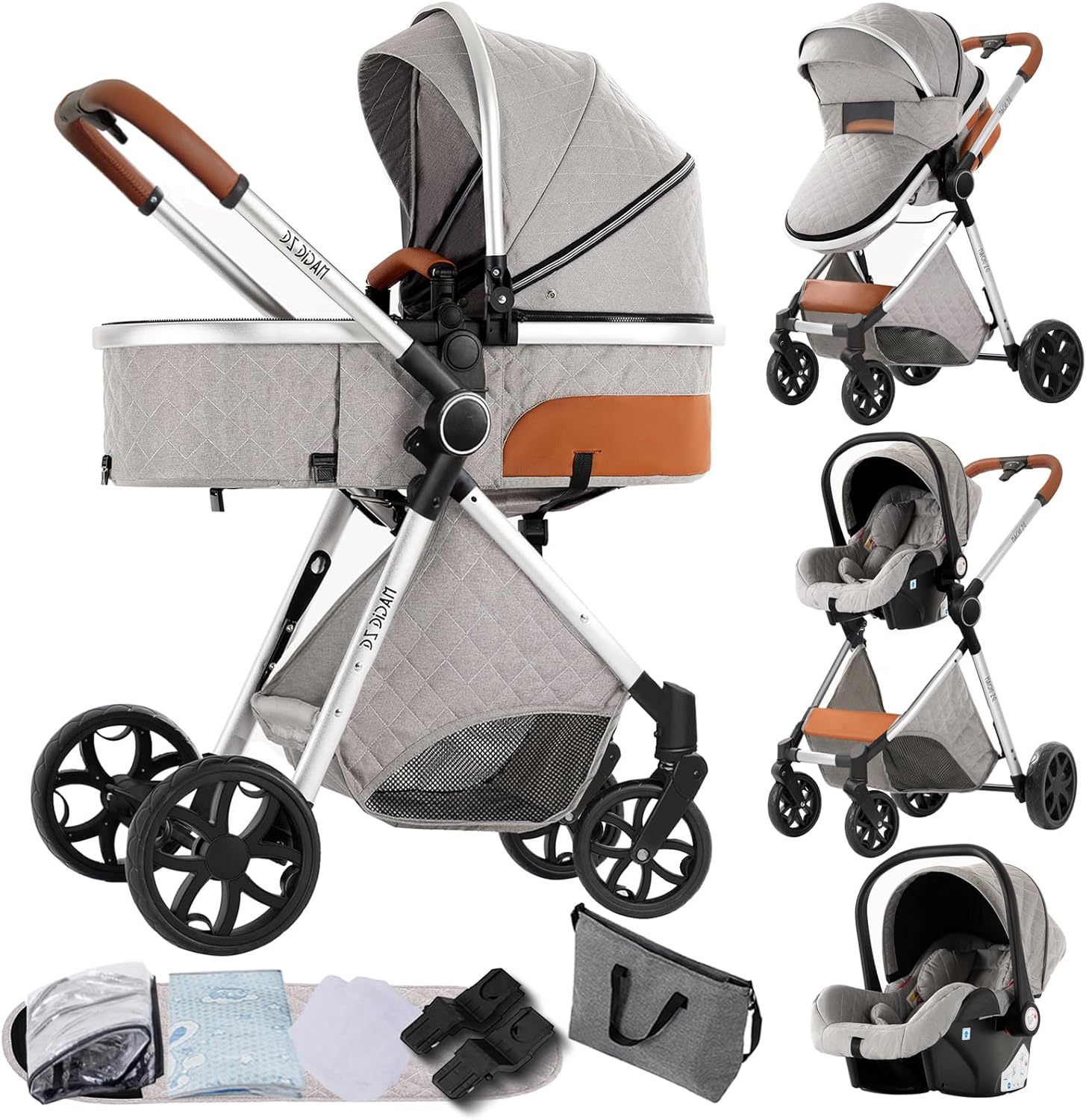 Magic ZC Poussette 3 en 1, Poussette Bebe avec Conception Portable Pliable en Un Clic, Pousette 3 en 1 avec Poussée Réversible Bidirectionnelle, Poussette Trio avec Accessoires (black gold 588)