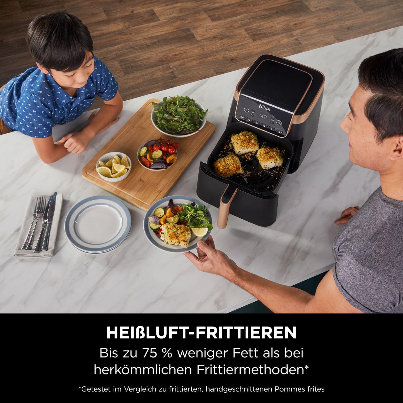 Ninja Foodi FlexDrawer Dual Zone Heißluftfritteuse, Airfryer mit 10,4-Fach und herausnehmbarem Trenner, Antihaftbeschichtung, spülmaschinenfester Korb, 7-in-1, Schwarz & Kupfer, AF500EUCP